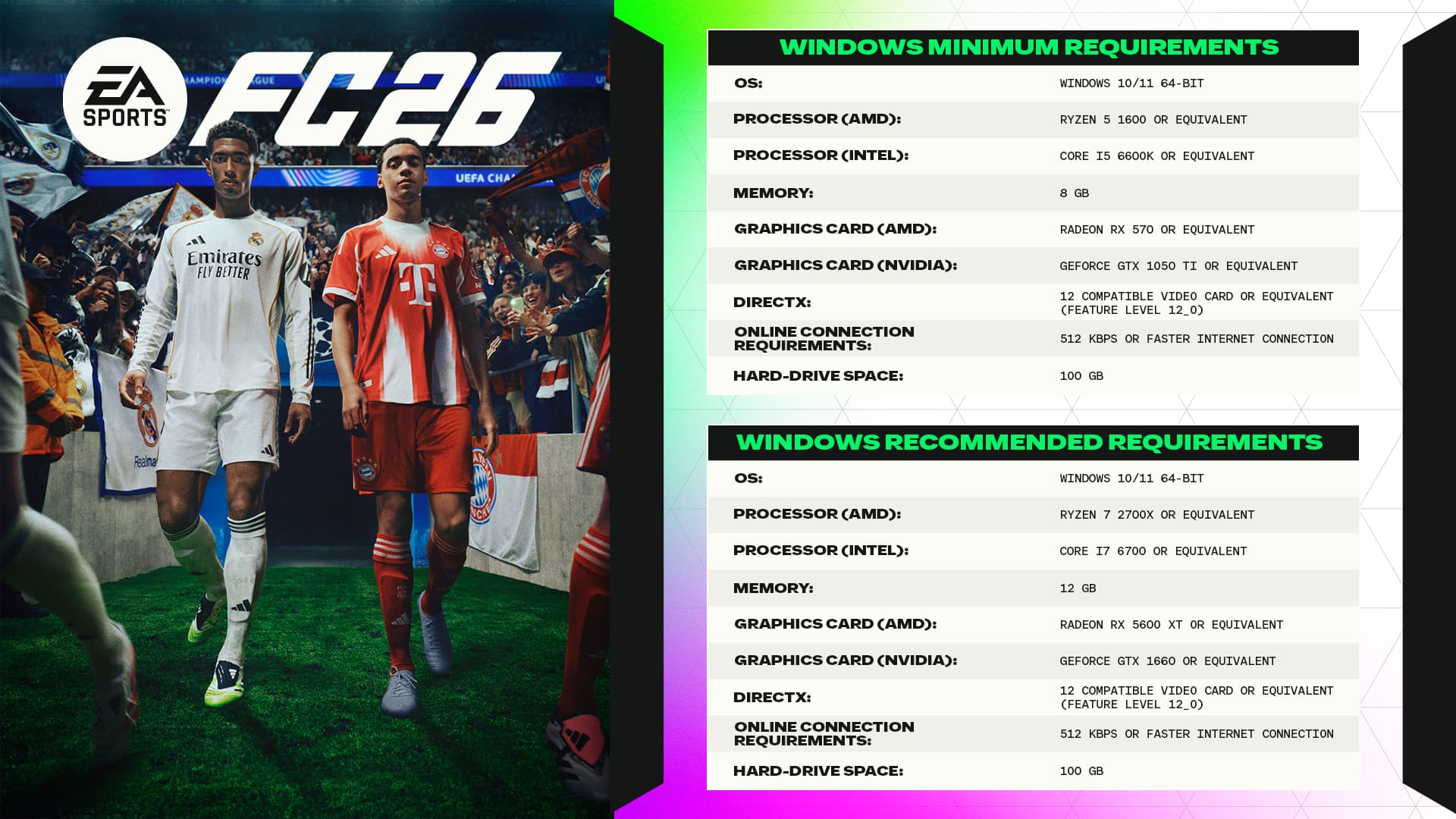 **Windows Minimum Requirements:**
- **OS:** Windows 10/11 64-bit
- **Processor (AMD):** Ryzen 5 1600 or equivalent
- **Processor (Intel):** Core i5 6600K or equivalent
- **Memory:** 8 GB
- **Graphics Card (AMD):** Radeon RX 570 or equivalent
- **Graphics Card (NVIDIA):** GeForce GTX 1050 Ti or equivalent
- **DirectX:** 12 compatible video card or equivalent (feature level 12_0)
- **Online Connection Requirements:** 512 Kbps or faster internet connection
- **Hard-Drive Space:** 100 GB
**Windows Recommended Requirements:**
- **OS:** Windows 10/11 64-bit
- **Processor (AMD):** Ryzen 7 2700X or equivalent
- **Processor (Intel):** Core i7 6700 or equivalent
- **Memory:** 12 GB
- **Graphics Card (AMD):** Radeon RX 5600 XT or equivalent
- **Graphics Card (NVIDIA):** GeForce GTX 1