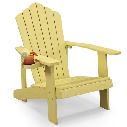 Front. Gymax - Gymax Patio HIPS Outdoor Weather Resistant Slatted Chair Adirondack Chair w/ Cup Holder Yellow - Yellow.
