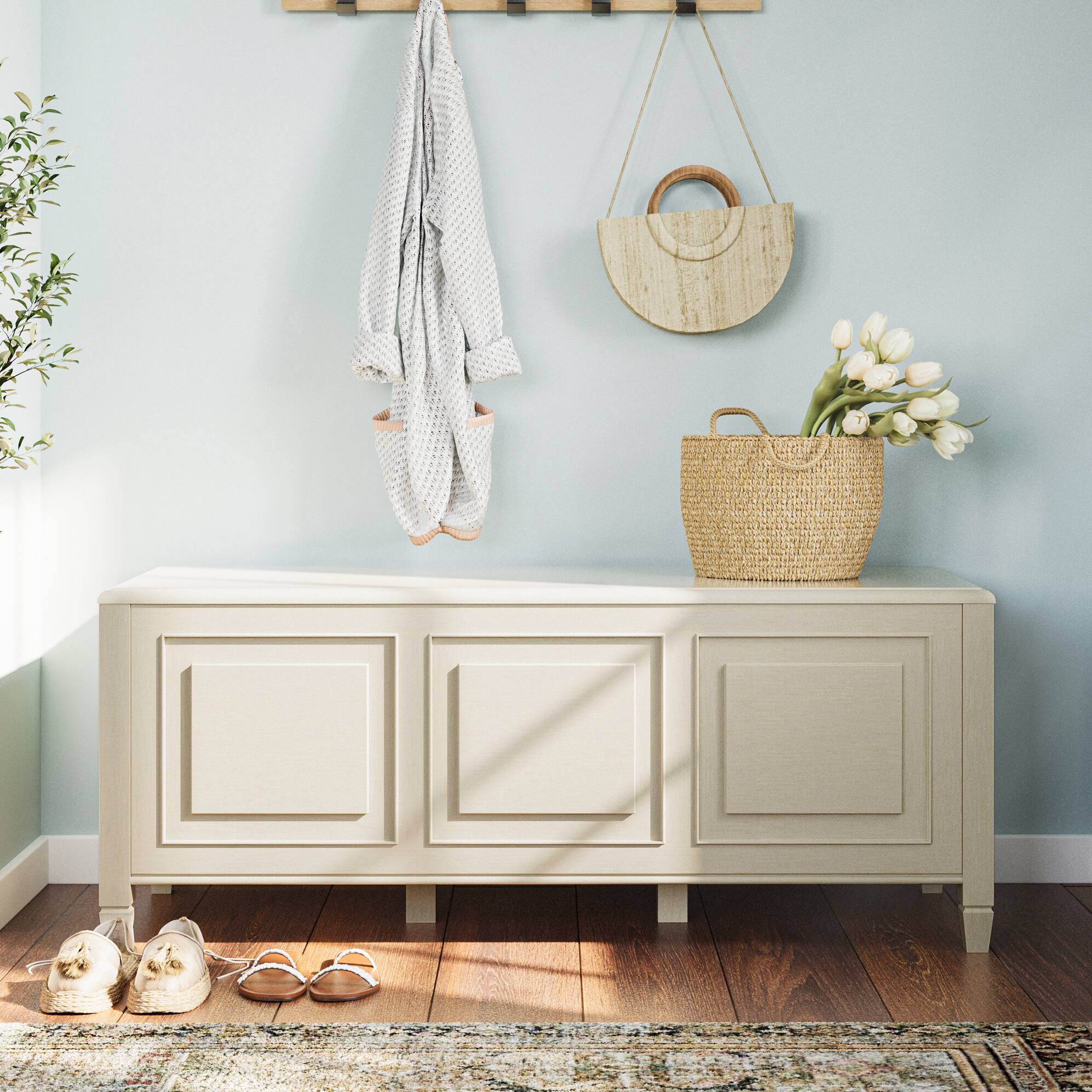 Angle. Simpli Home - Connaught 51 inch Wide Solid Wood Traditional Storage Bench Trunk in Antique White - Antique White.
