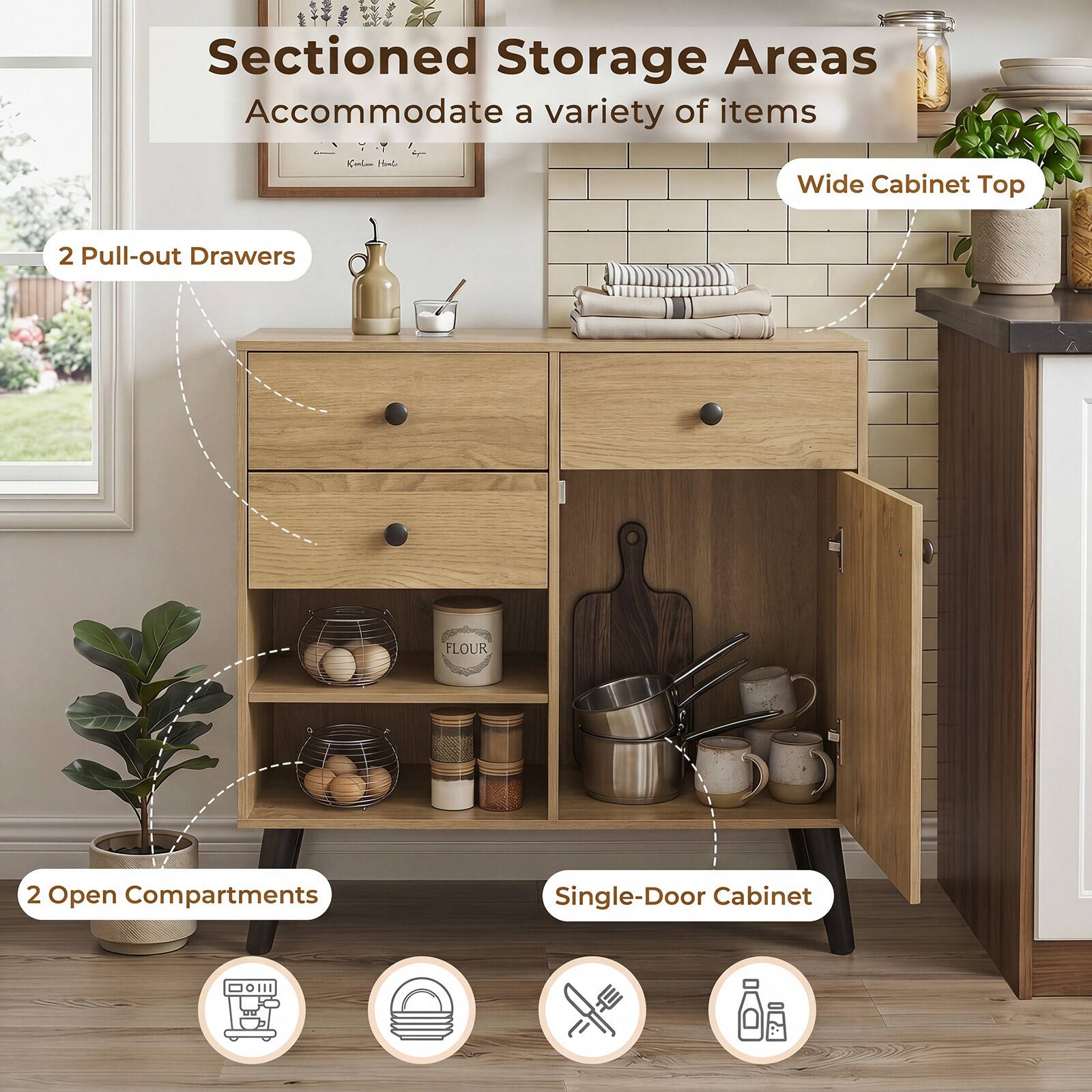 Sectioned Storage Areas Accommodate a variety of items  
Hom Wide Cabinet Top  
2 Pull-out Drawers  
2 Open Compartments  
Single-Door Cabinet