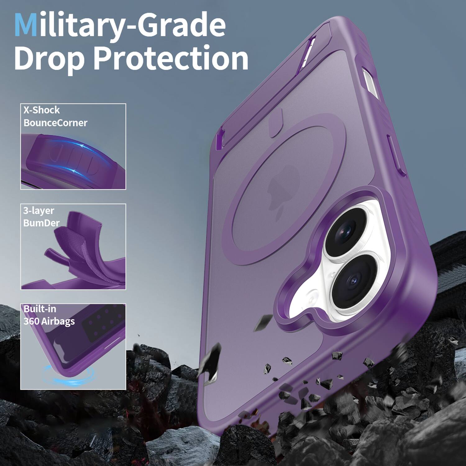 Military-Grade Drop Protection  
X-Shock BounceCorner  
3-layer BumDer  
Built-in 360 Airbags