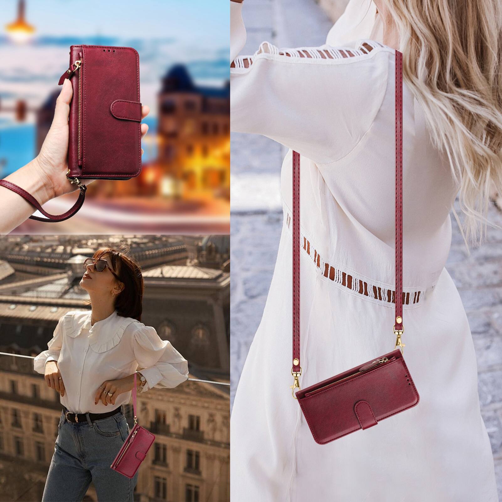 Left. UUCOVER - Zipper Wallet Case for Google Pixel 10 Pro XL Magnetic PU Leather Card Slots Stand Cover with Shoulder / Wrist Strap - Winered.
