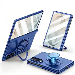 Dteck - Rugged Case for Samsung Galaxy Z Fold8 with Built-in Screen Protector,360 Rotating Stand & Magnetic Rebound Strap - Blue