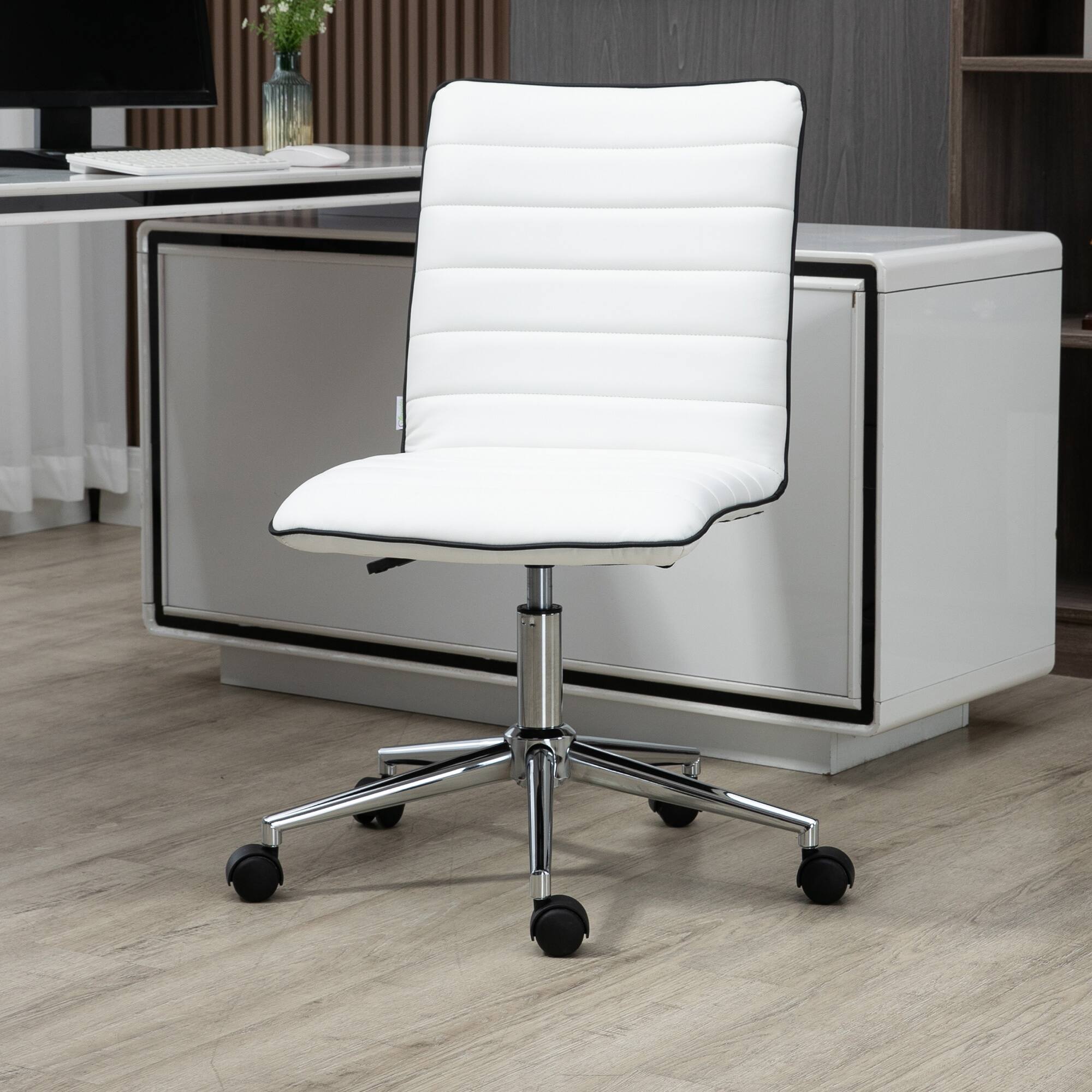 Angle. Anysun - Anysun Armless Rolling Adjustable Height Mid-Back Thick Ribbed PU Leather padding Desk Chair - White.