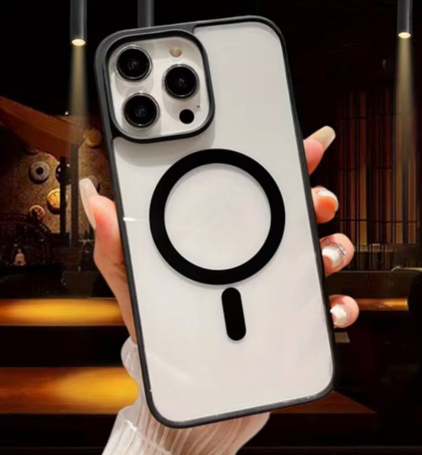 Left. Gravity Ridge - Magnetic Case for iPhone 17 Pro Clear Phone Case Magsafe Slim & Tough, Pocket-friensly Transparent Cover - Black.