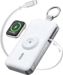 RORRY - CharmGo 12000mAh 3-in-1 Portable Charger with Retractable USB-C Cable, Apple Watch Charger and LCD - White