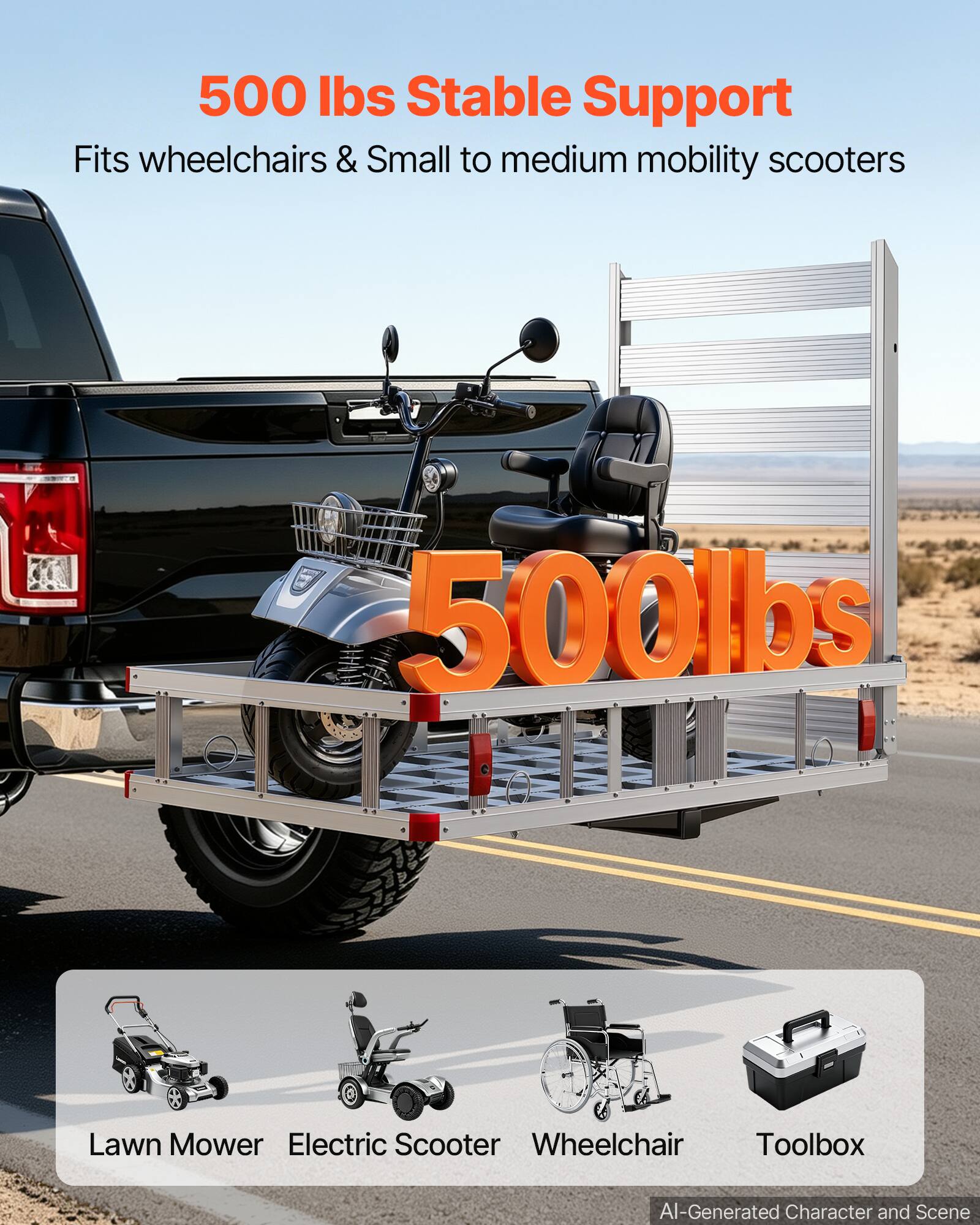 500 lbs Stable Support  
Fits wheelchairs & Small to medium mobility scooters  

500lbs  

Lawn Mower  
Electric Scooter  
Wheelchair  
Toolbox  

AI-Generated Character and Scene