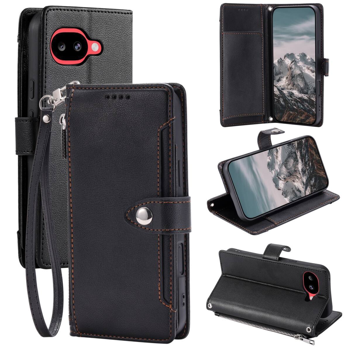 Front. Dteck - Wallet Case for Google Pixel 10A Crossbody Premium Leather Flip Kickstand Zipper Card Slot Cover With Strap+Lanyard - Black.