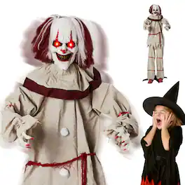 Winado - 5.7FT Halloween Horror Clown with Light Eyes, Moveable Arms Prop for Indoor Outdoor Holiday Party Garden Decorations - Red & White