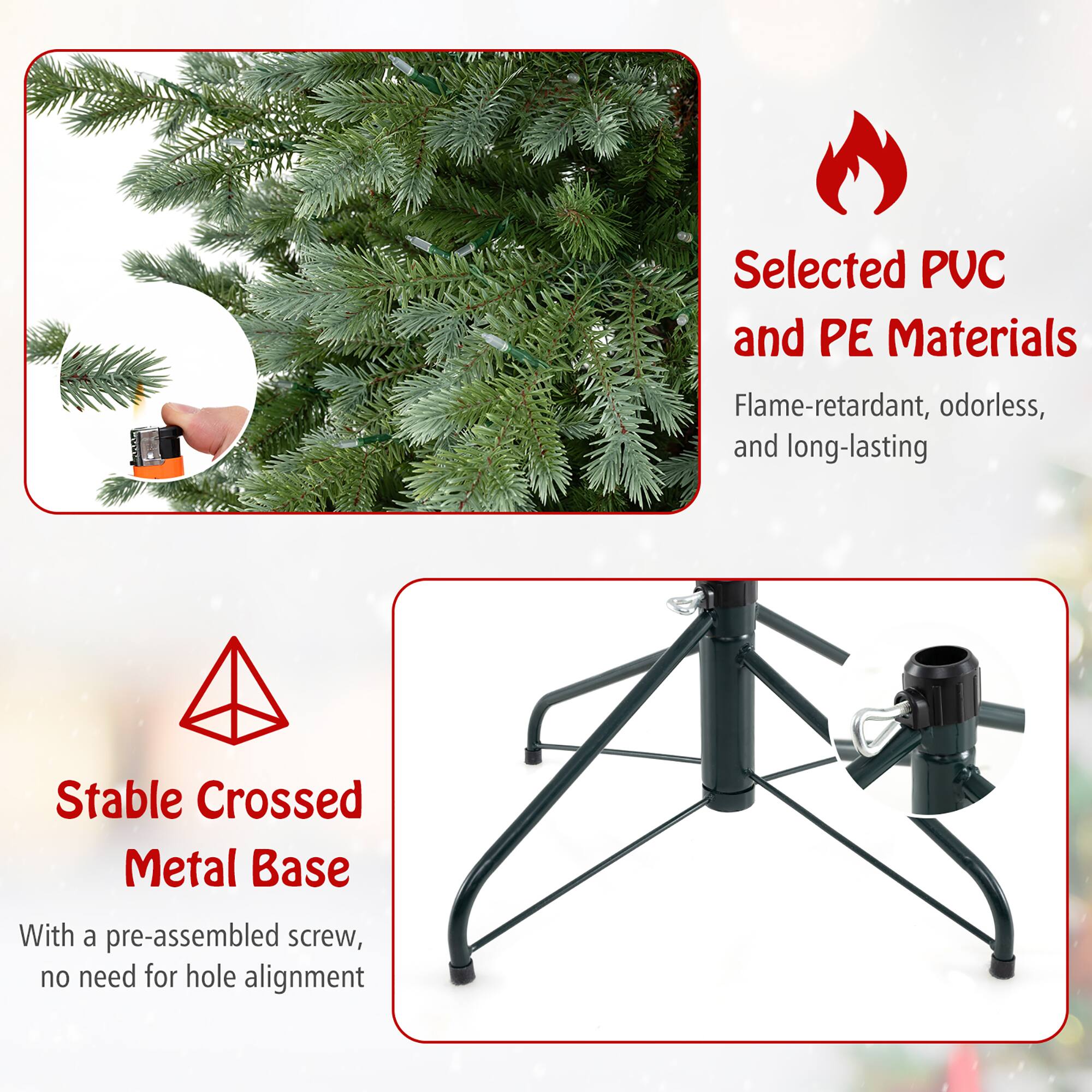 Selected PVC and PE Materials  
Flame-retardant, odorless, and long-lasting  

Stable Crossed Metal Base  
With a pre-assembled screw, no need for hole alignment
