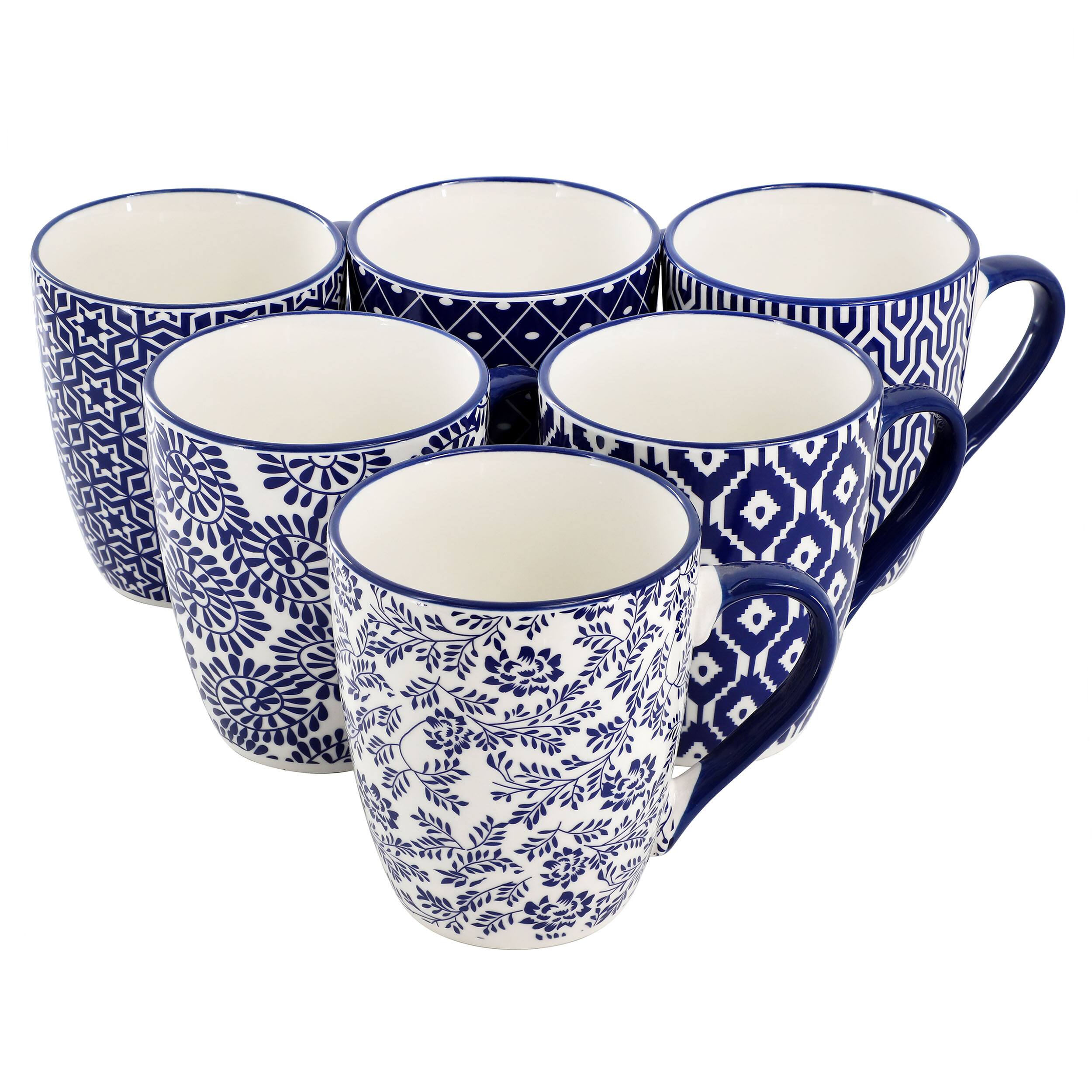 Front. Elama - Elama Declan 6 Piece 12 Ounce Assorted Design Stoneware Mug Set in Blue and White - Blue.