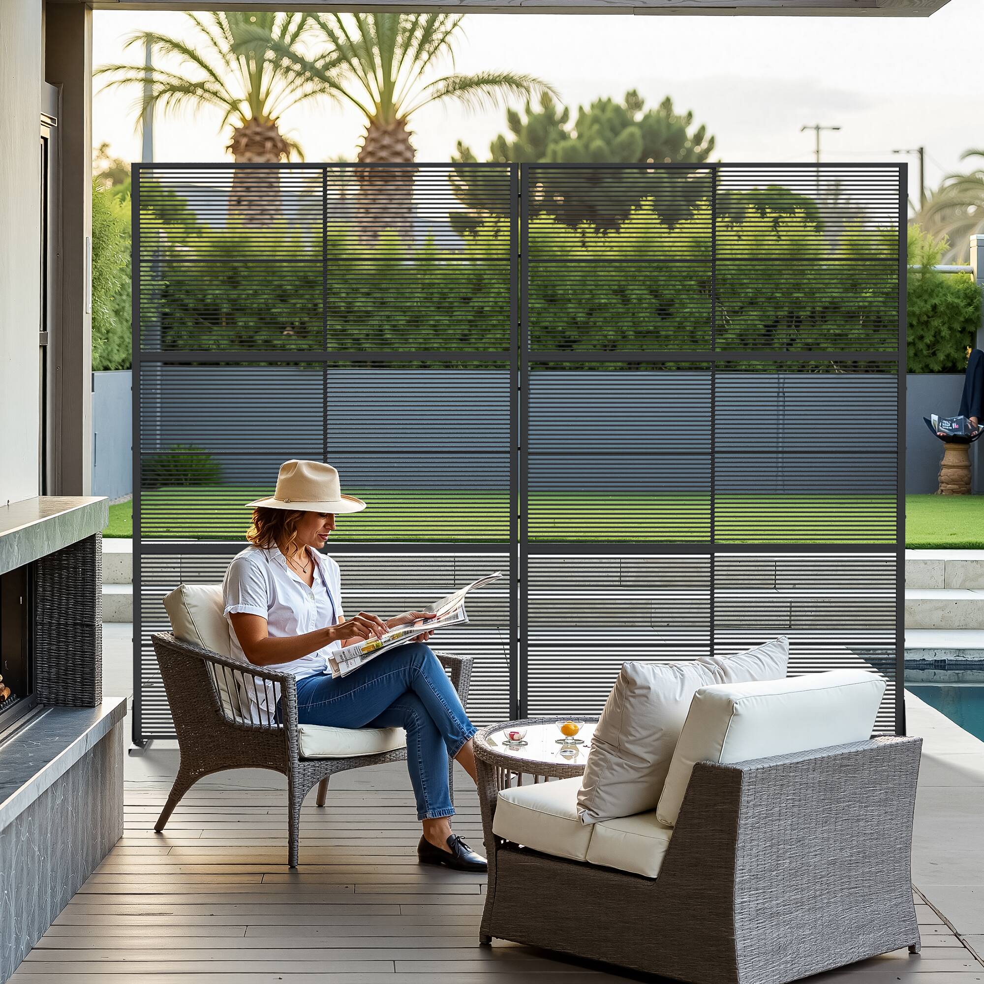 Alt View 2. PexFix - 72 in. x 47 in. Rattan Horizontal Pattern Metal Outdoor Privacy Screen & Panels, Freestanding Garden Divider Fence - Black.