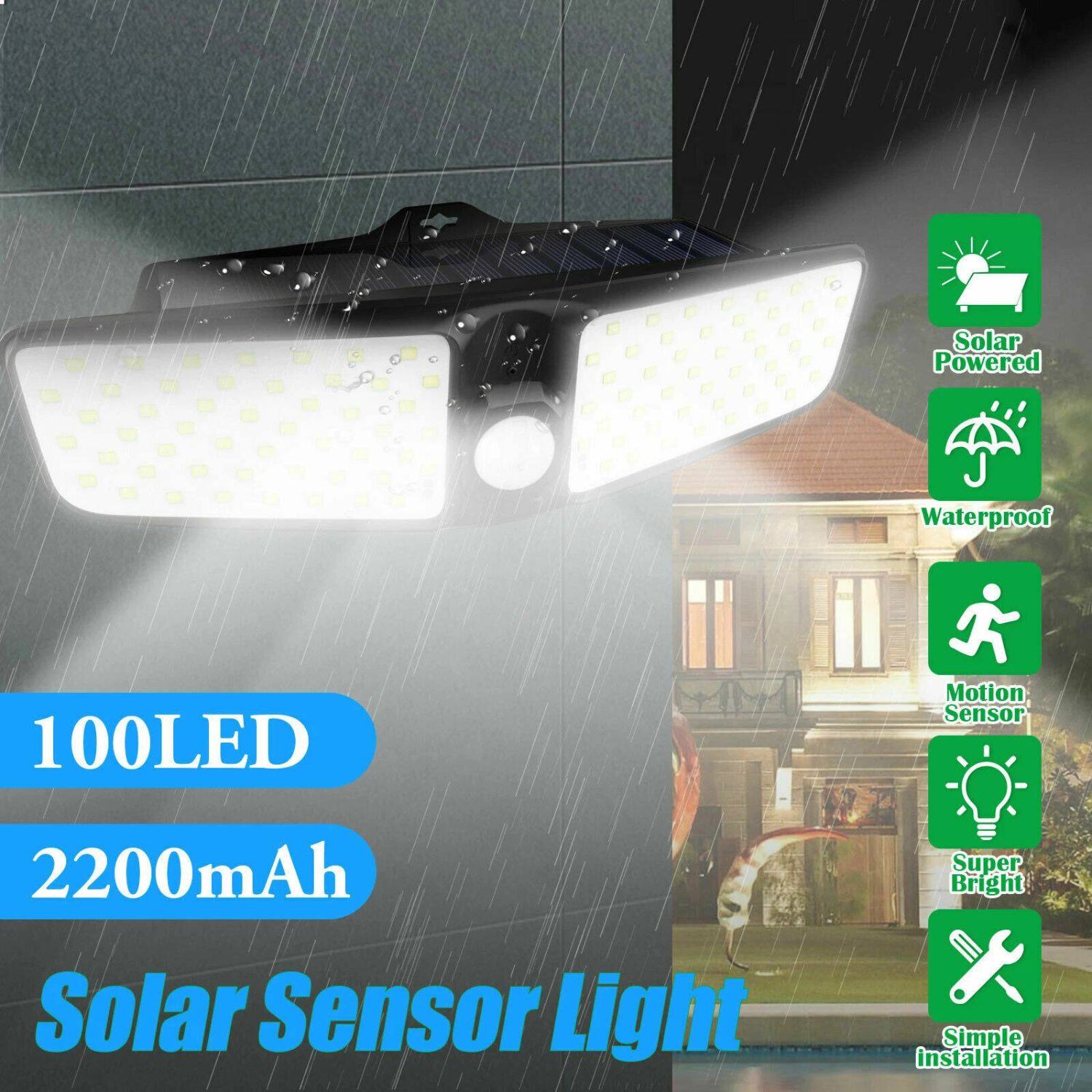 Solar Powered Waterproof 100LED Motion Sensor Light  
2200mAh  
Super Bright  
Simple Installation