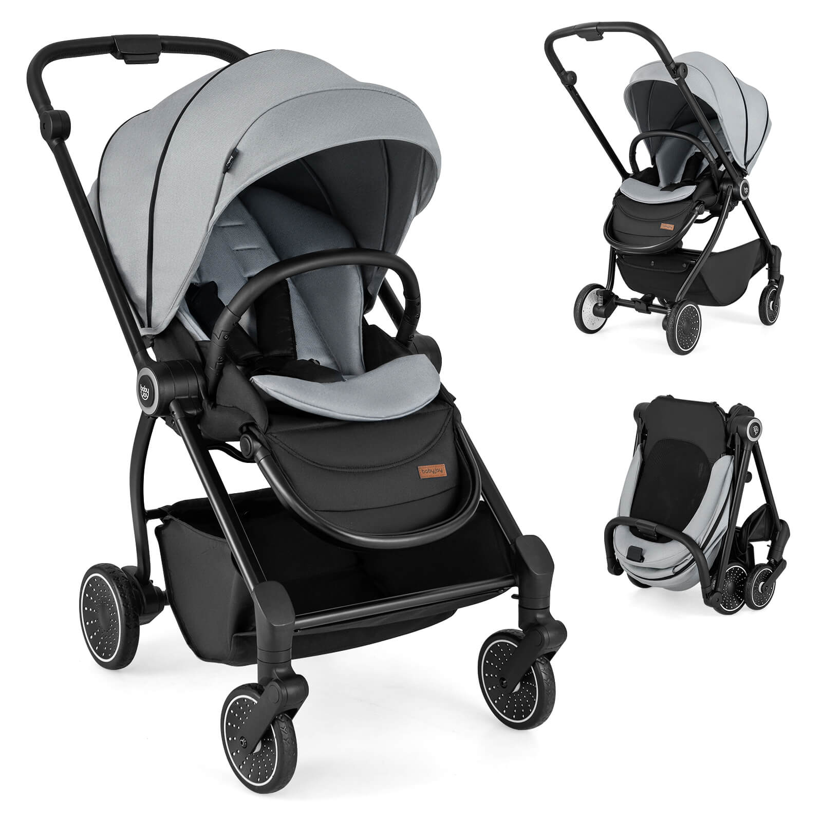 Front. Costway - Costway Baby Stroller Foldable Infant Pram Stroller with Reclining Backrest Handle - Gray.