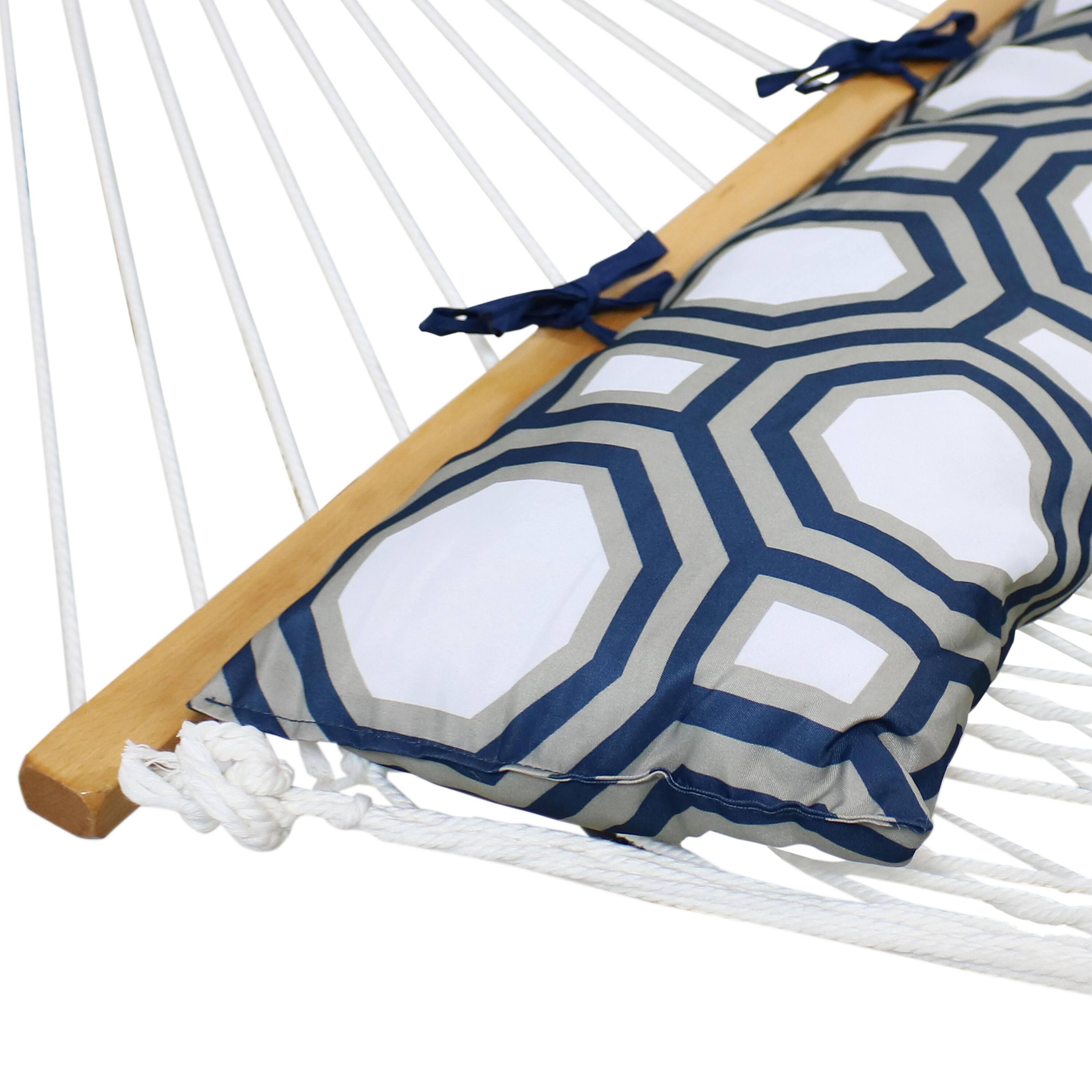 Alt View 3. Sunnydaze - 2-Person Rope Hammock with Blue Steel Stand and Pillow - White.