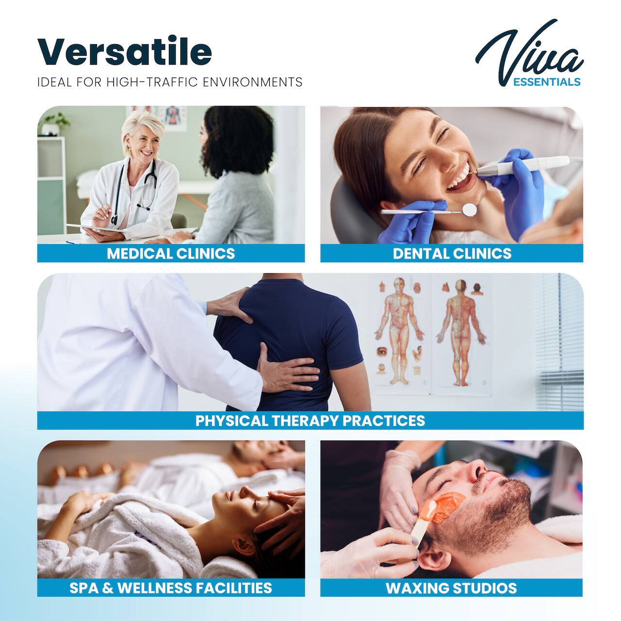Versatile, ideal for high-traffic environments, Viva Essentials, Medical Clinics, Dental Clinics, Physical Therapy Practices, Spa & Wellness Facilities, Waxing Studios