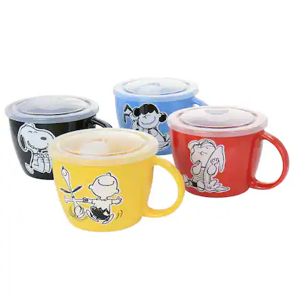 Front. Gibson - Gibson Peanuts 70th Anniversary 4 Piece Stoneware 23.5oz Soup Bowl Set with Vented Lids in Assorted Colors - Assorted.