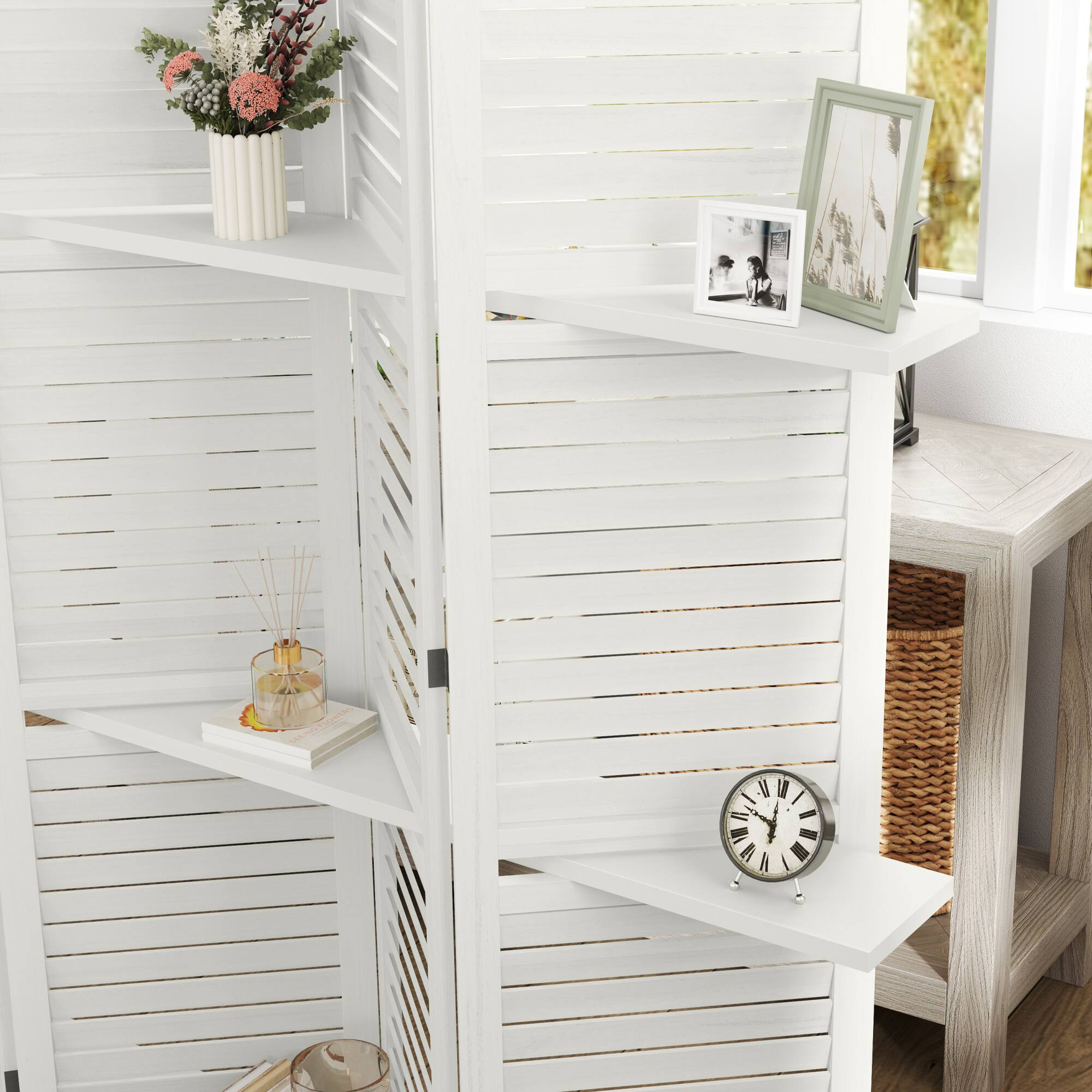 Alt View 8. Homcom - Room Divider, 5 Panel Wood Privacy Screen with Display Shelves and Folding Storage for Bedroom or Home Office - White.
