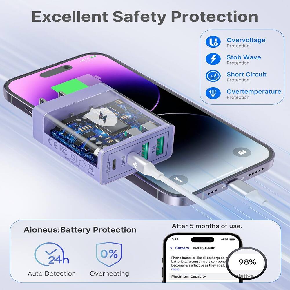 Excellent Safety Protection

- Overvoltage Protection
- Stob Wave Protection
- Short Circuit Protection
- Overtemperature Protection

Aioneus: Battery Protection

- 24h Auto Detection
- Overheating

After 5 months of use.

Phone batteries, like all rechargeable batteries, are consumable components that become less effective as they age. More...

Maximum Capacity

98%