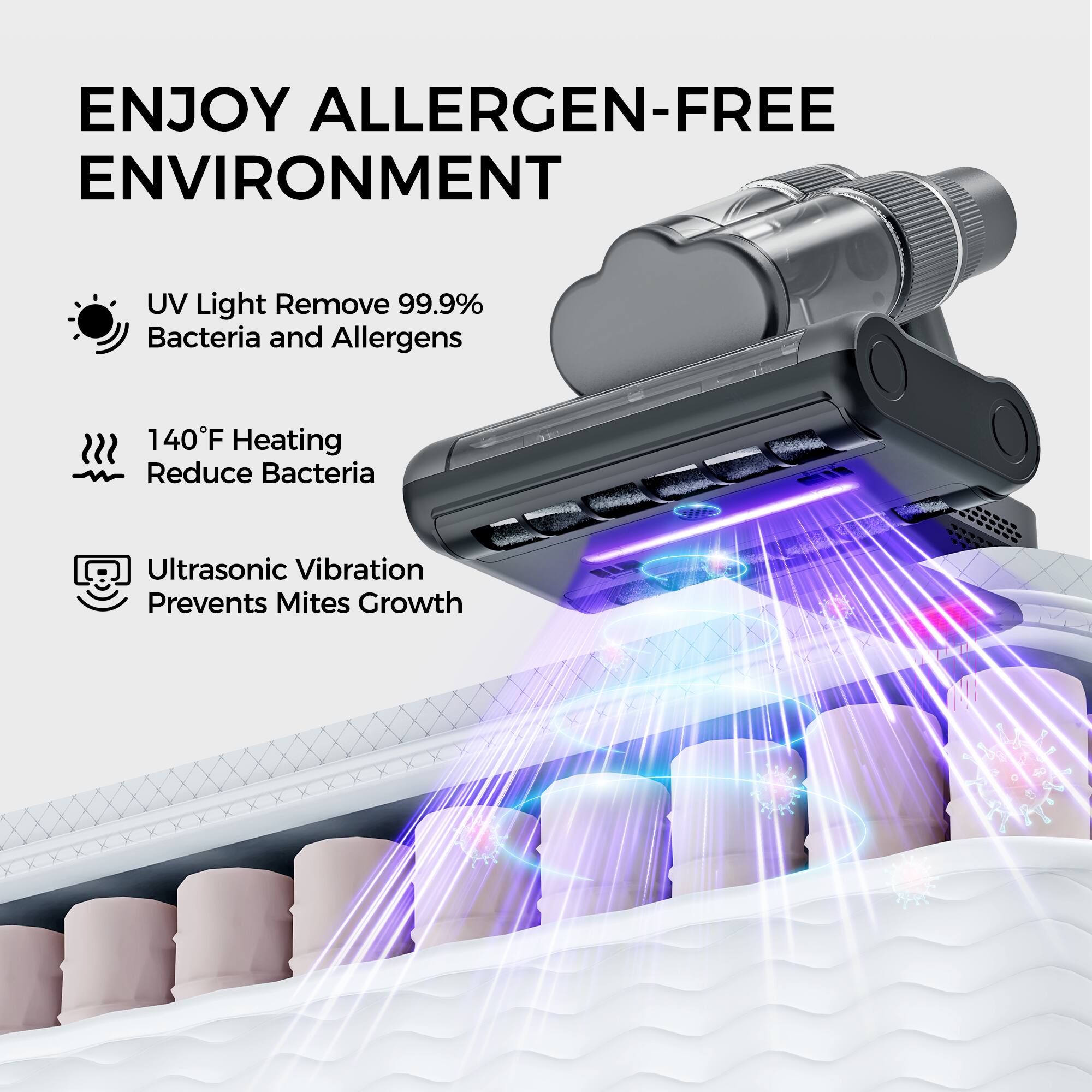 ENJOY ALLERGEN-FREE ENVIRONMENT

UV Light Remove 99.9% Bacteria and Allergens
140°F Heating Reduce Bacteria
Ultrasonic Vibration Prevents Mites Growth