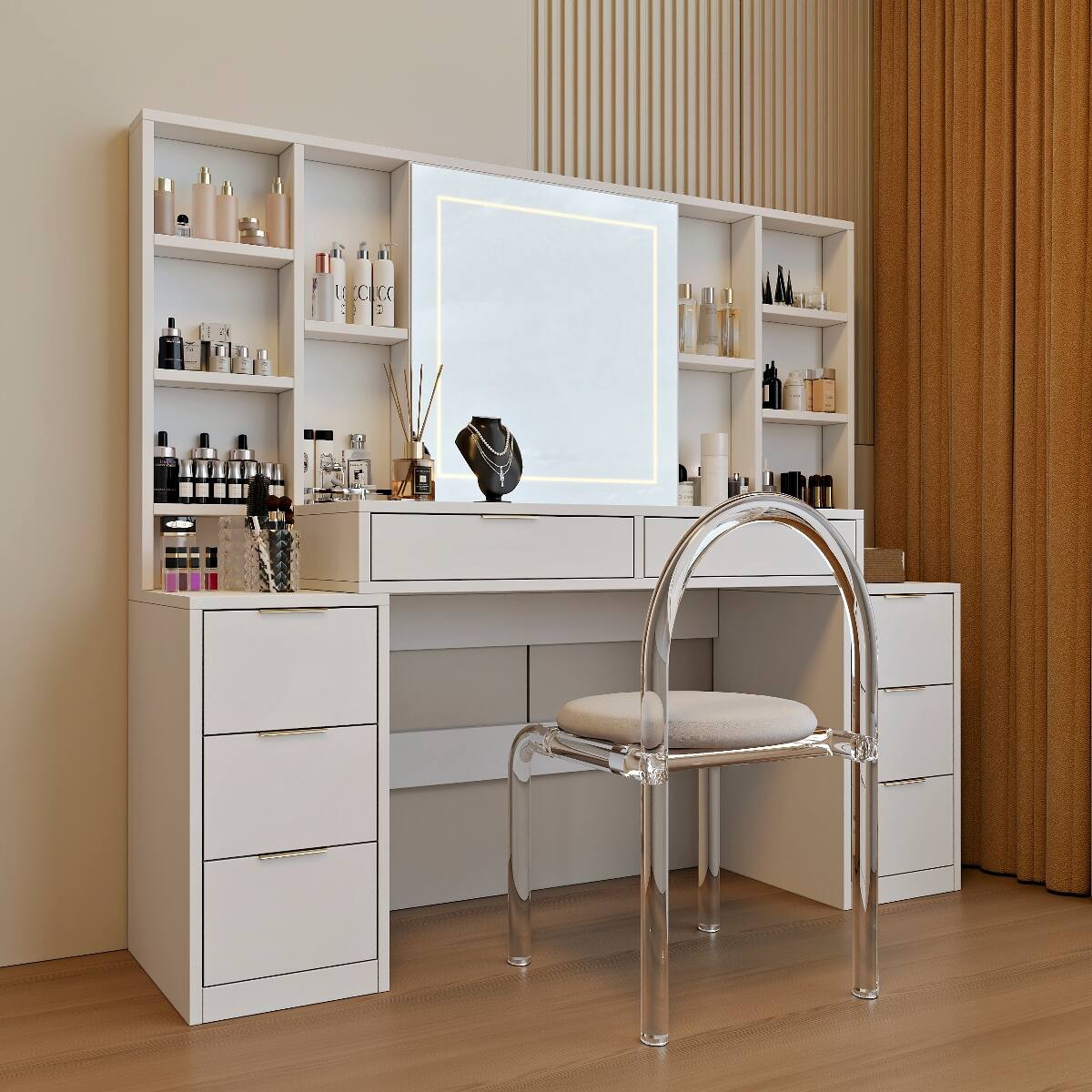 Back. Loheer - Loheer Makeup Vanity Desk With Mirror and Lights, White Large Storage Table - White.