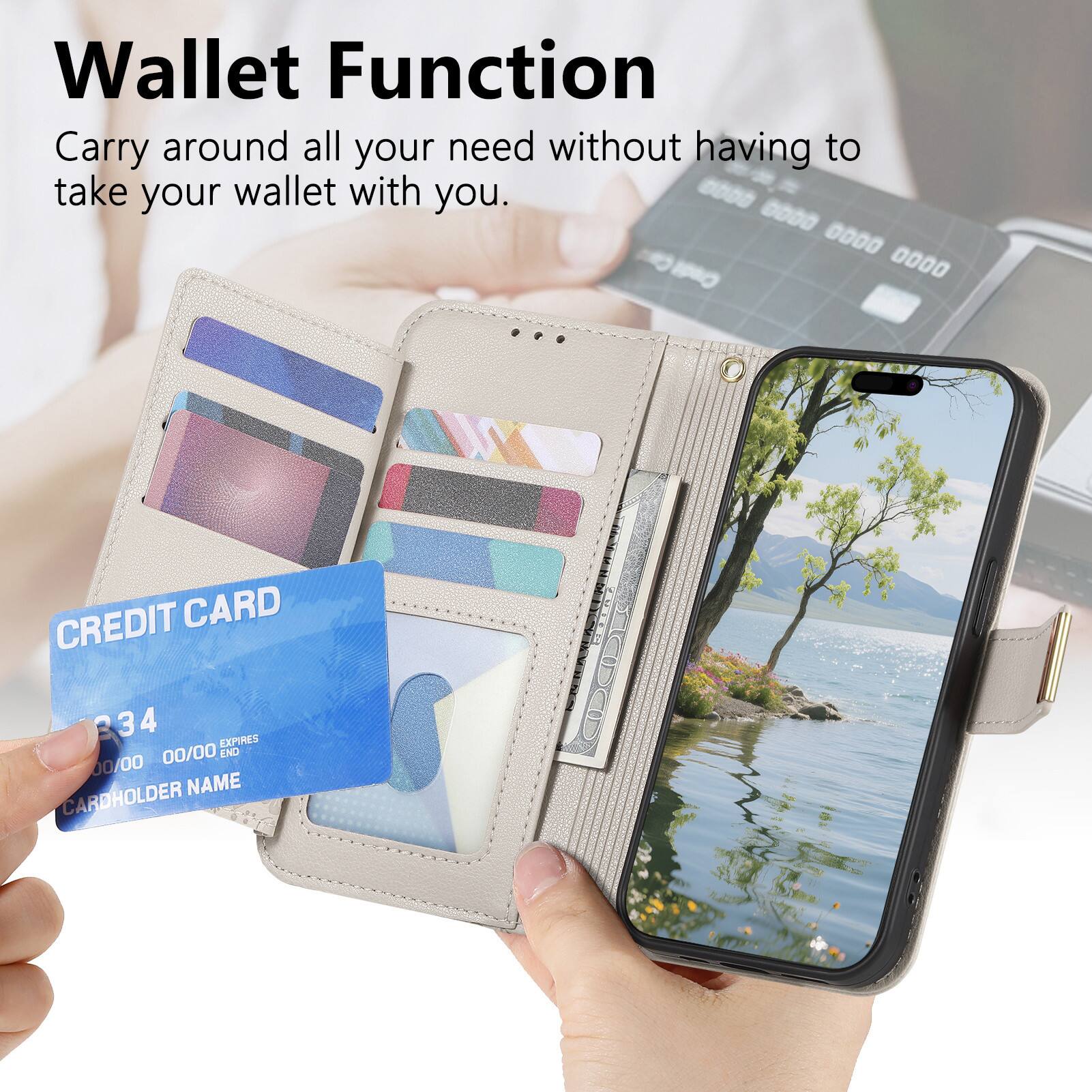Wallet Function  
Carry around all your needs without having to take your wallet with you.

CREDIT CARD  
334  
00/00 00/00 EXPIRES  
CARDHOLDER NAME