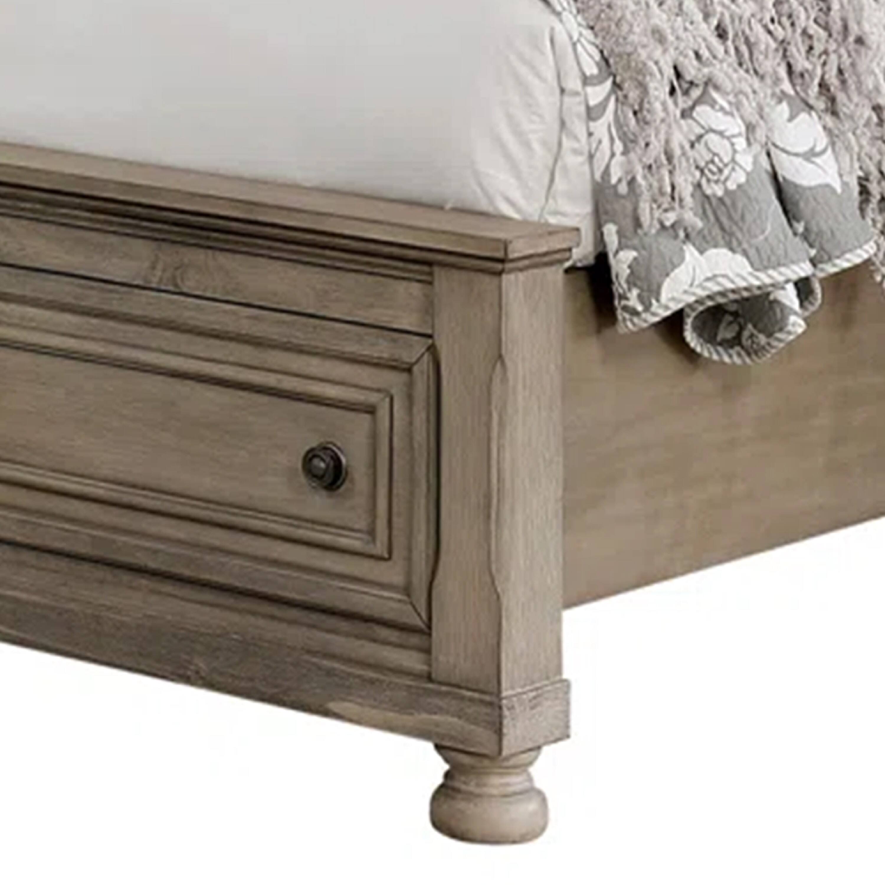 Alt View 3. Manhattan Lane - Ava Queen Bed with Footboard Storage and Bun Feet, Gray Solid Wood - Gray, Bronze.