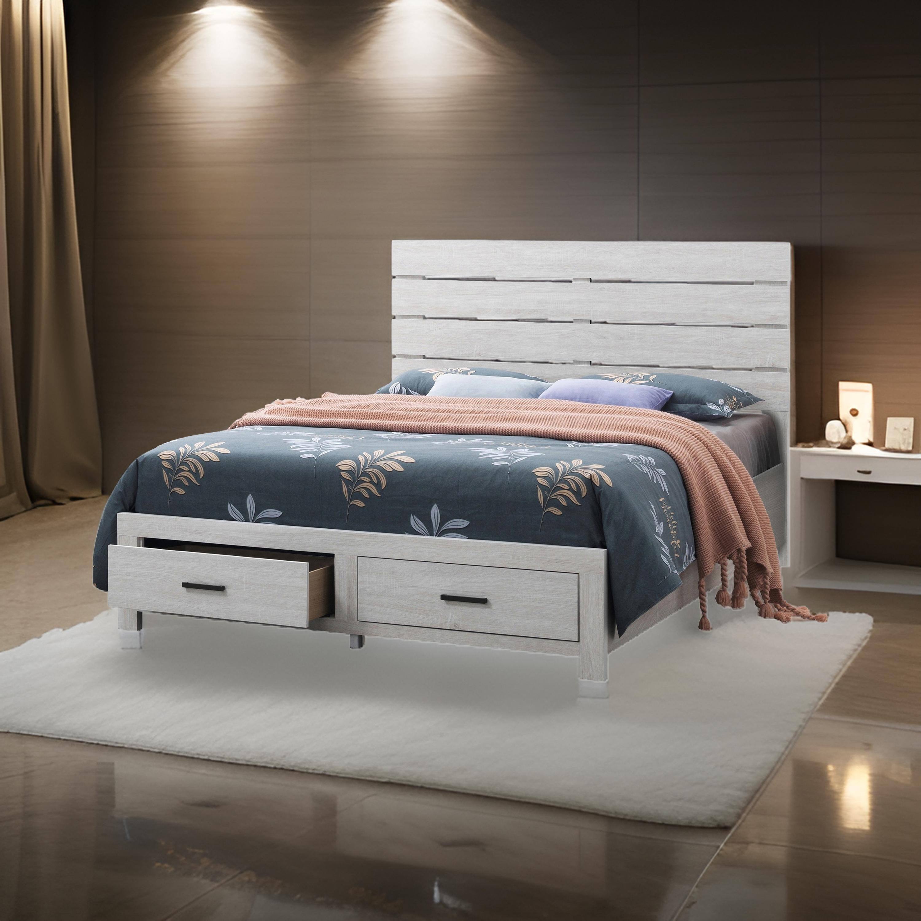 Alt View 5. Manhattan Lane - Ach Wood King Storage Bed with 2 Drawers, Plank Style Headboard - White.