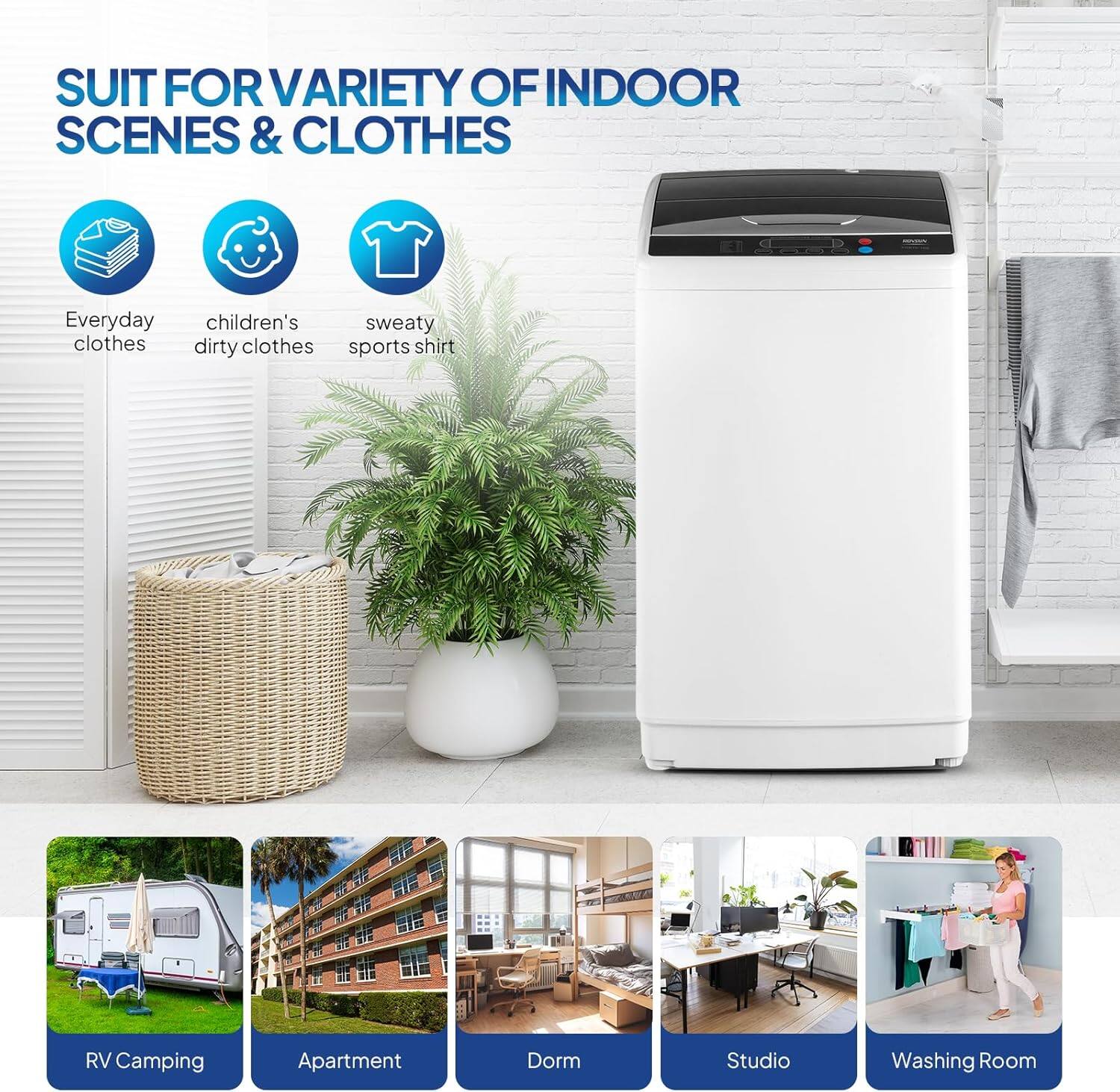 SUIT FOR VARIETY OF INDOOR SCENES & CLOTHES

- Everyday clothes
- children's dirty clothes
- sweaty sports shirt

RV Camping
Apartment
Dorm
Studio
Washing Room