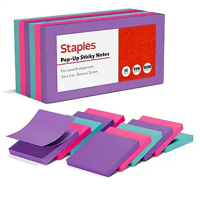 Staples Pop-Up Sticky Notes
For use with dispensers
3 in x 3 in (76 mm x 76 mm)
12 PACS
100 SHEETS EACH
1200 SHEETS
