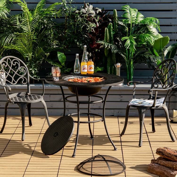 Left. Mondawe - 31.5 Inch Patio Fire Pit Dining Table With Cooking BBQ Grate - Black.