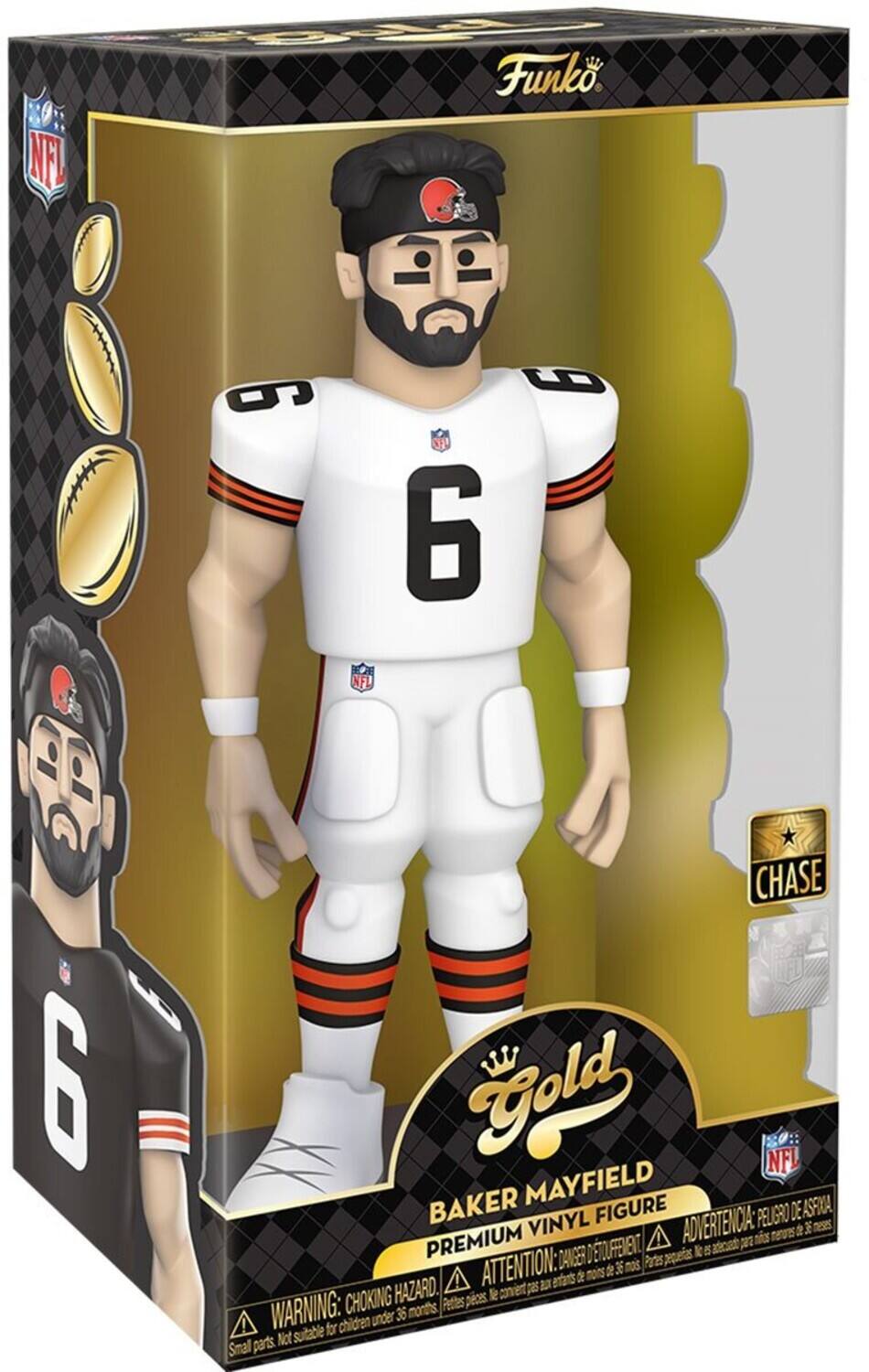 NFL, Funko, Z 9, NFL, 9, WF, 6, 6, CHASE, Gold, MAYFIELD, NFL, BAKER, VINYL, FIGURE, ADVERTENCIA: PELIGRO DE ASERA a 35 mes, PREMIUM, DANGER: CHOKING HAZARD, Partes pequeñas, Not suitable for children under 36 months, ATTENTION: peligros de choque, Petites pièces, WARNING: choking hazard, Not suitable for children under 36 months