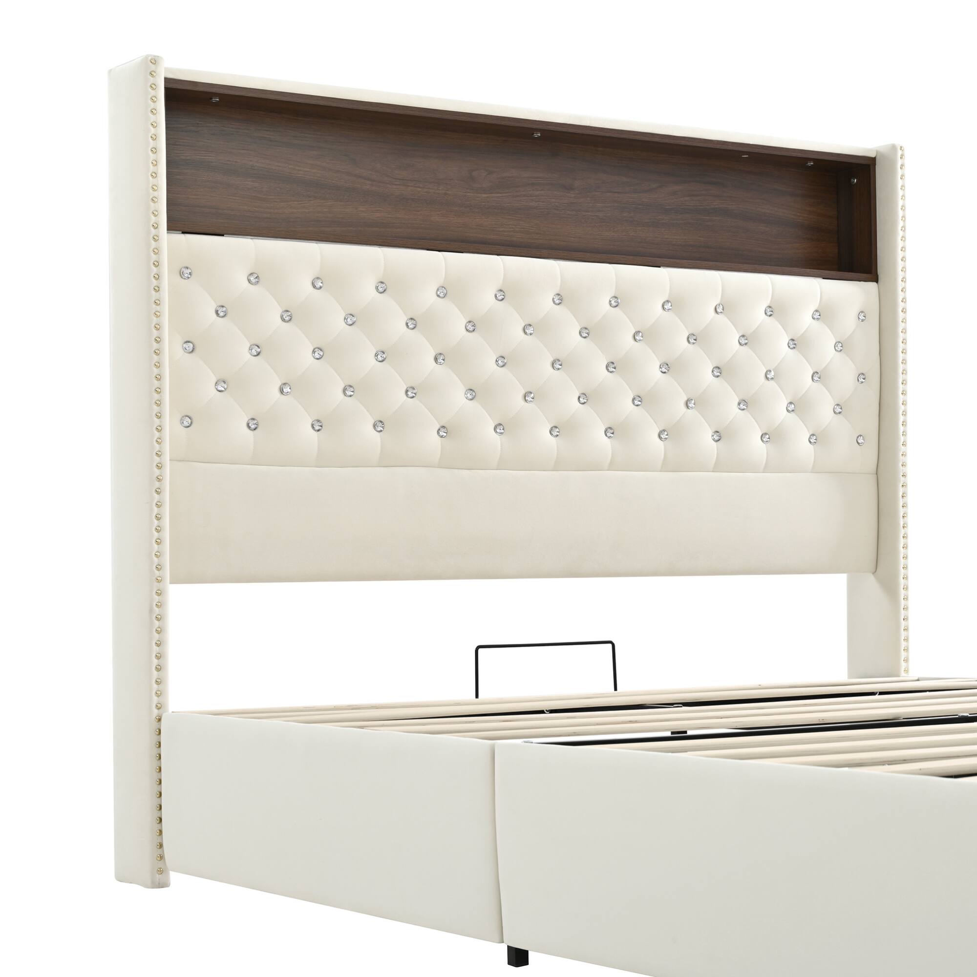 Alt View 6. GOODSILO - Luxurious Queen Size Velvet Tufted Bed Frame with USB Port and Night Light, High Headboard Platform Bed - Beige.
