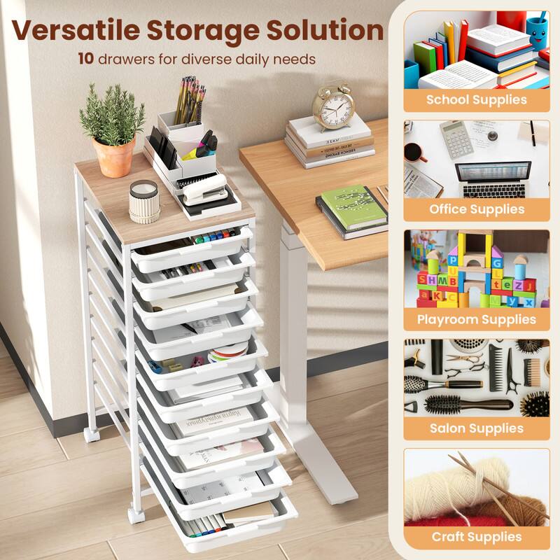 Versatile Storage Solution  
10 drawers for diverse daily needs  

School Supplies  
Office Supplies  
Playroom Supplies  
Salon Supplies  
Craft Supplies