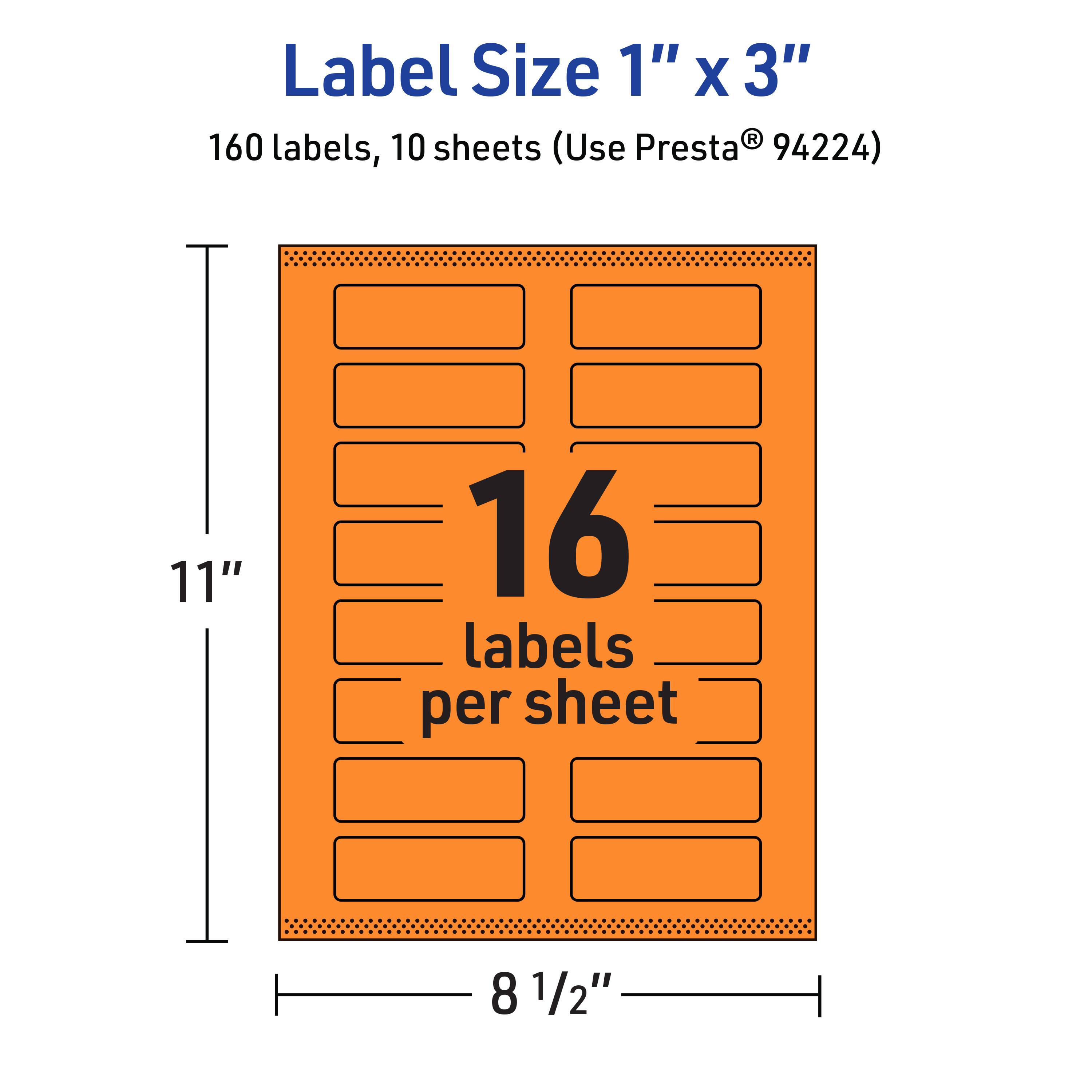 Label Size 1" x 3"  
160 labels, 10 sheets (Use Presta® 94224)  
16 labels per sheet  
11" x 8 1/2"