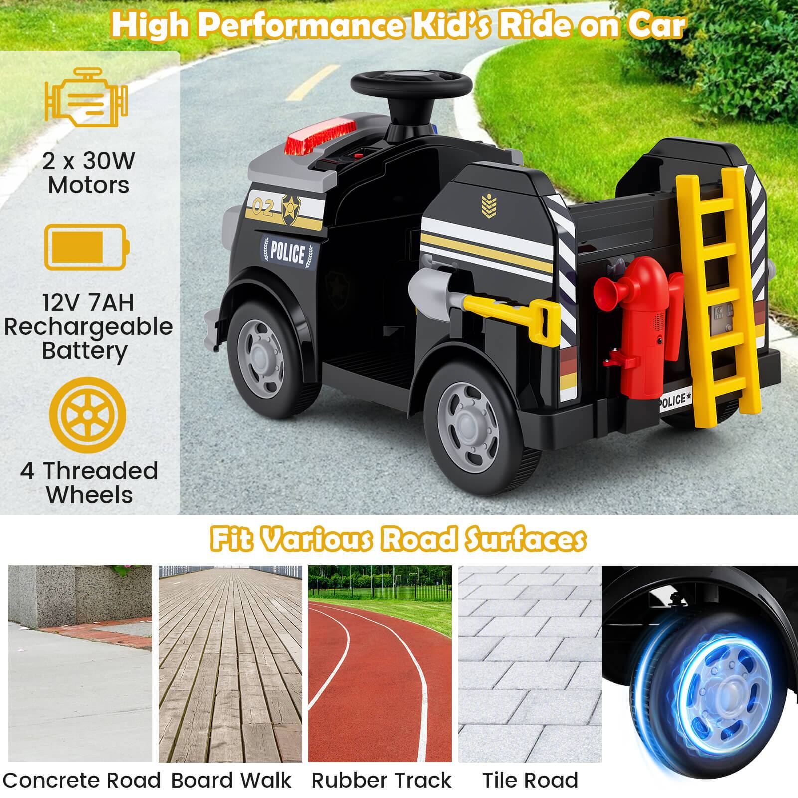 High Performance Kid's Ride on Car

- 2 x 30W Motors
- 12V 7AH Rechargeable Battery
- 4 Threaded Wheels

Fit Various Road Surfaces

- Concrete Road
- Board Walk
- Rubber Track
- Tile Road