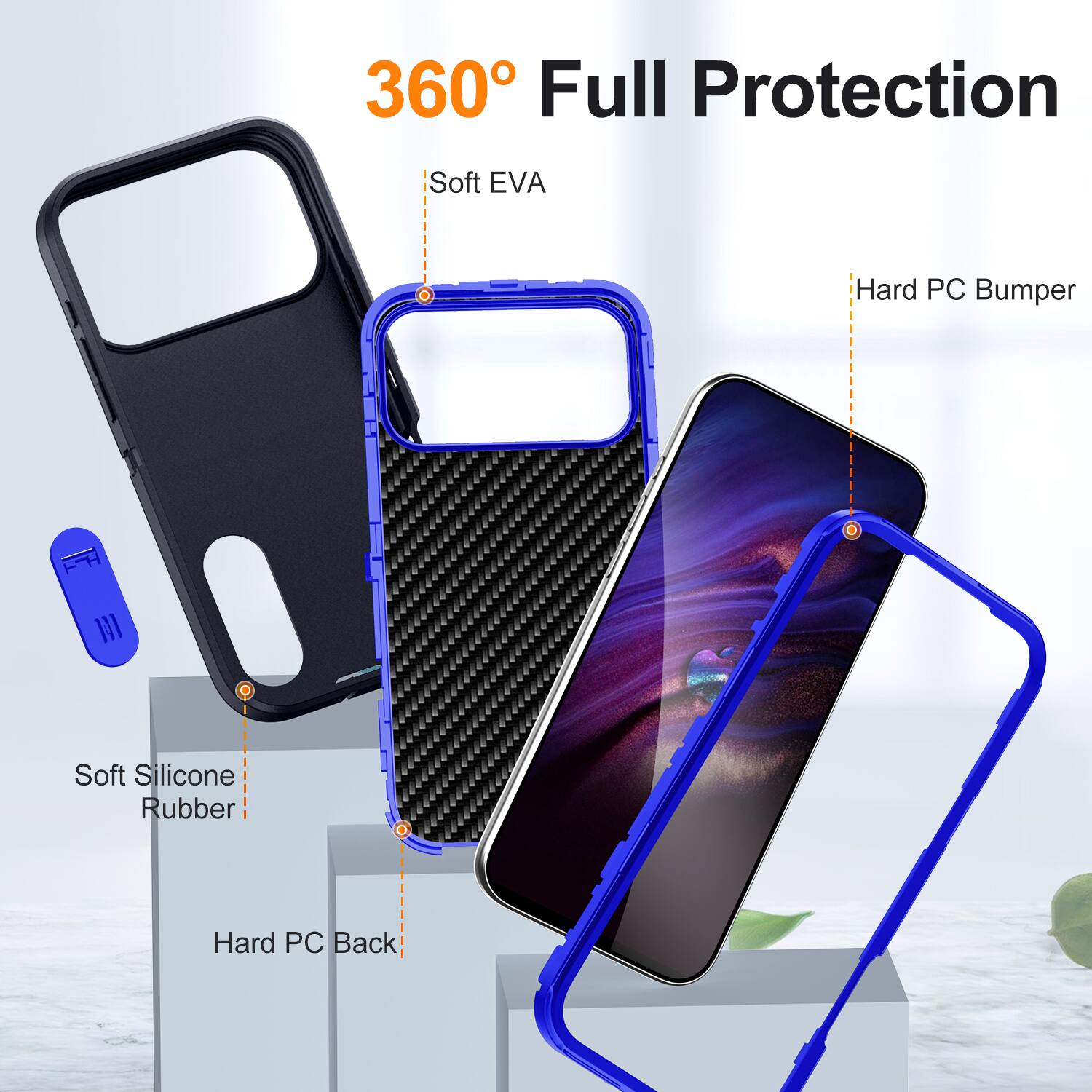 360° Full Protection

- Soft EVA
- Hard PC Bumper
- Soft Silicone Rubber
- Hard PC Back