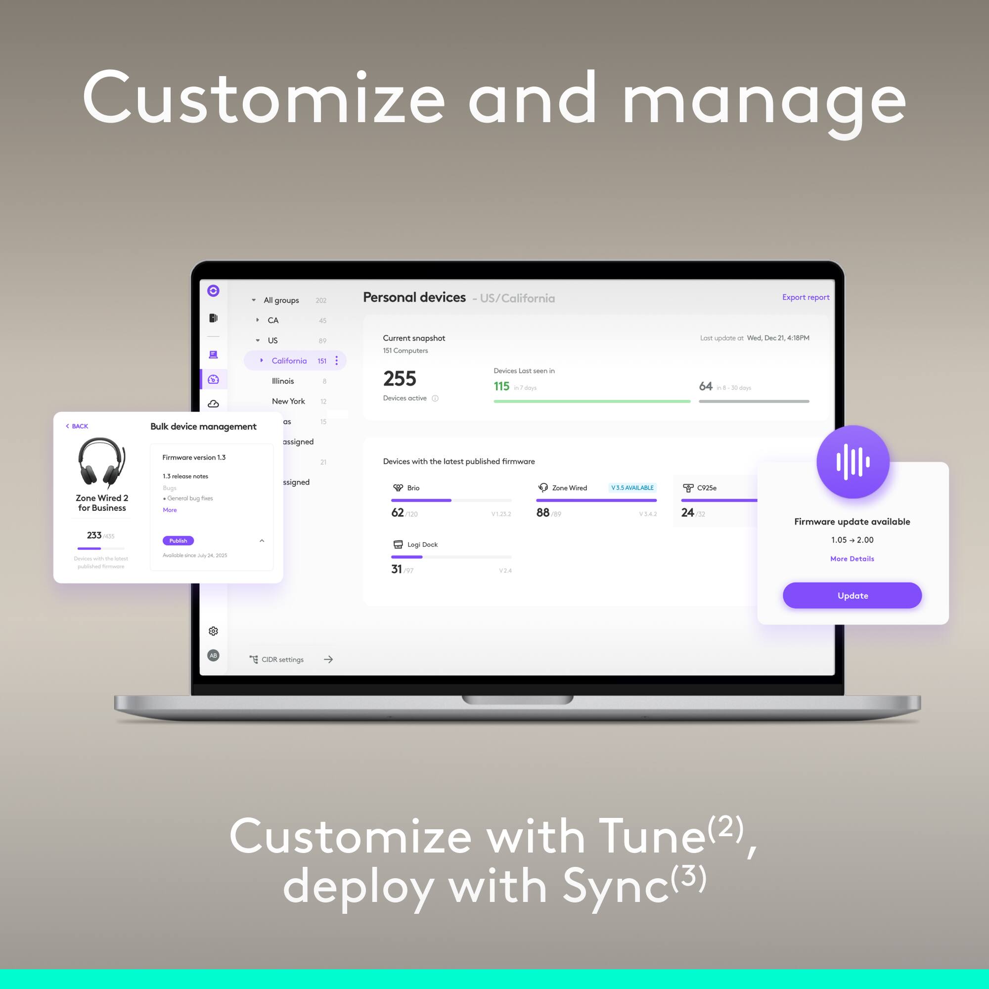 Customize and manage a personal device - Personal devices US/California Export report

- US
- CA
- California
- Illinois
- New York

Current snapshot: 151 Computers

255 Devices active

Build device management
- Firmware version: 1.3
- 1.3 release notes
- assigned
- assigned

Devices with the latest published firmware
- Zone Wired 2 for Business
- 233
- Firmware update available: 1.05 + 2.00
- More Details
- Update

Customize with Tune(2), deploy with Sync(3)