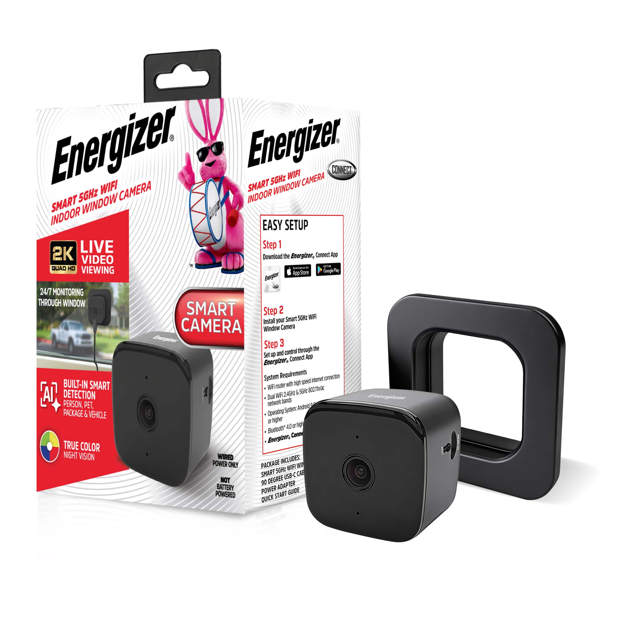 Energizer - Smart 2K WiFi Indoor Window Camera – AI Detection & Color Night Vision - Black
