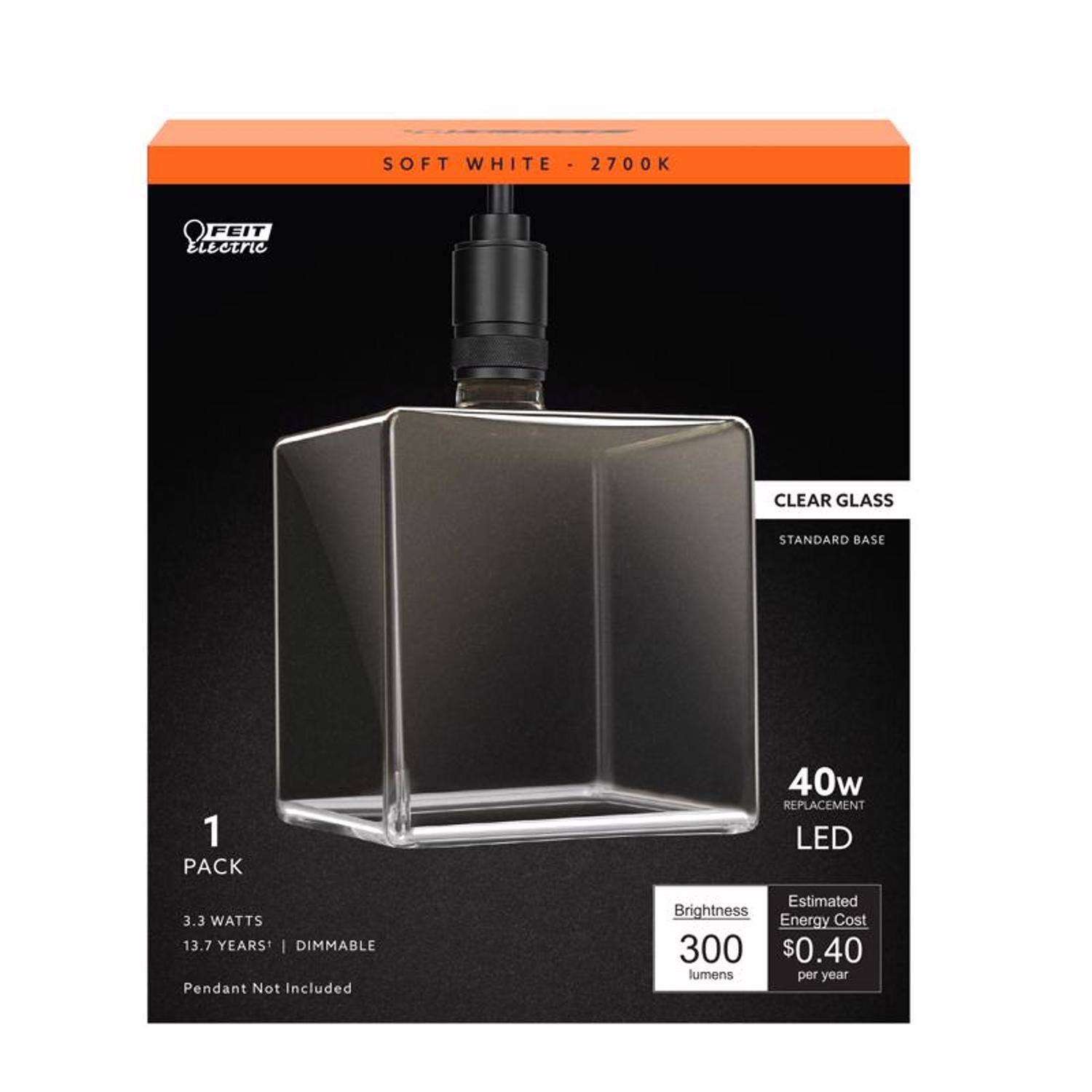 SOFT WHITE . 2700K  
FEIT ELECTRIC  
CLEAR GLASS  
STANDARD BASE  
1 PACK  
40w REPLACEMENT LED  
3.3 WATTS 13.7 YEARS DIMMABLE  
Pendant Not Included  
Estimated Brightness Energy Cost 300 $0.40 lumens per year