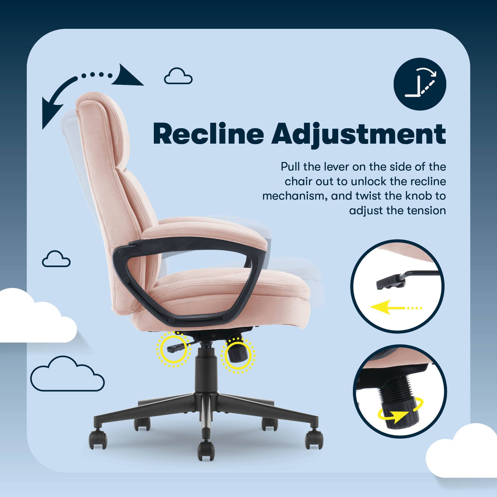 Recline Adjustment:

1. Pull the lever on the side of the chair out to unlock the recline mechanism.
2. Twist the knob to adjust the tension.