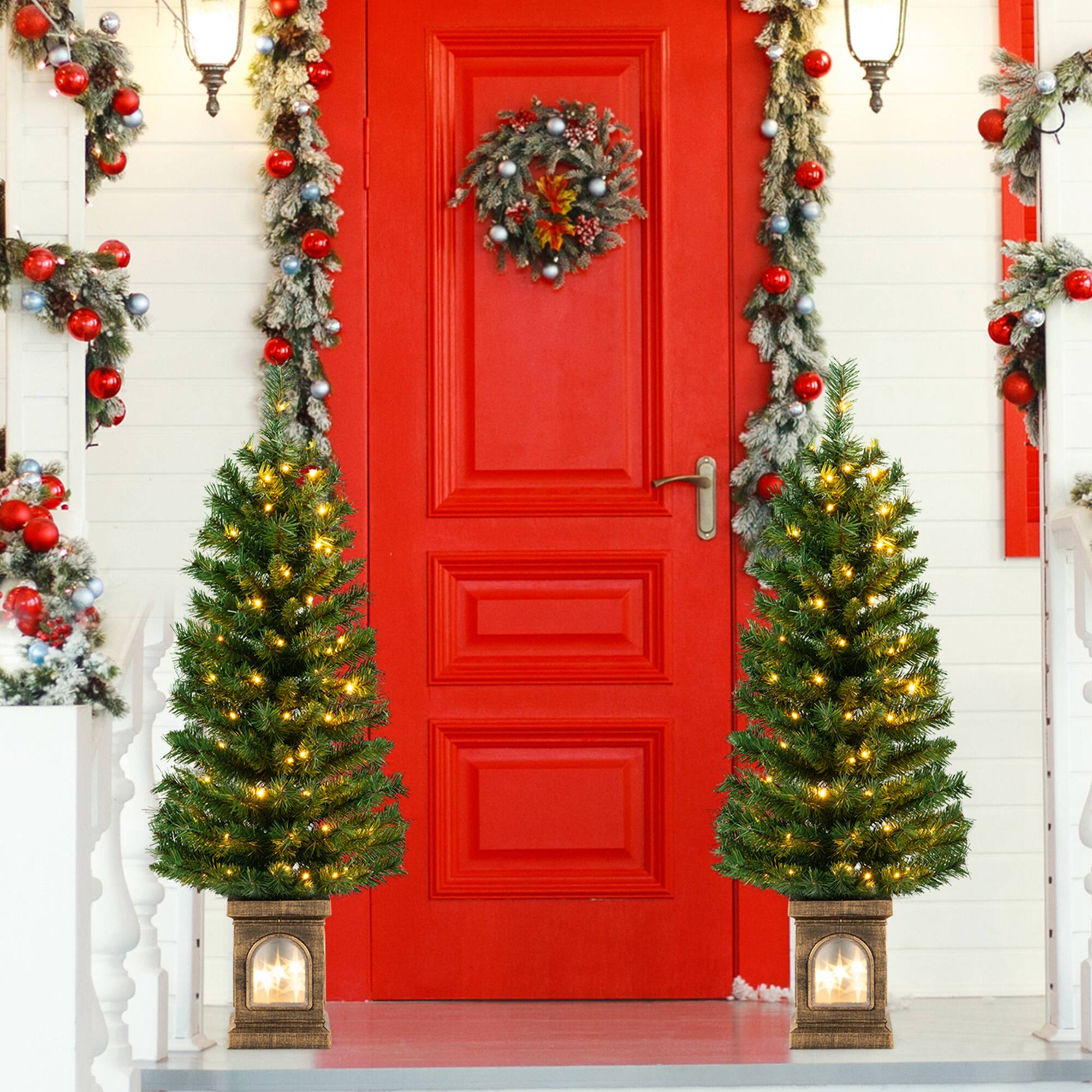 Alt View 1. Costway - Costway 2 PCS 4 FT Pre-Lit Potted Christmas Tree Artificial Entrance with 3 Lighting Modes - Green.