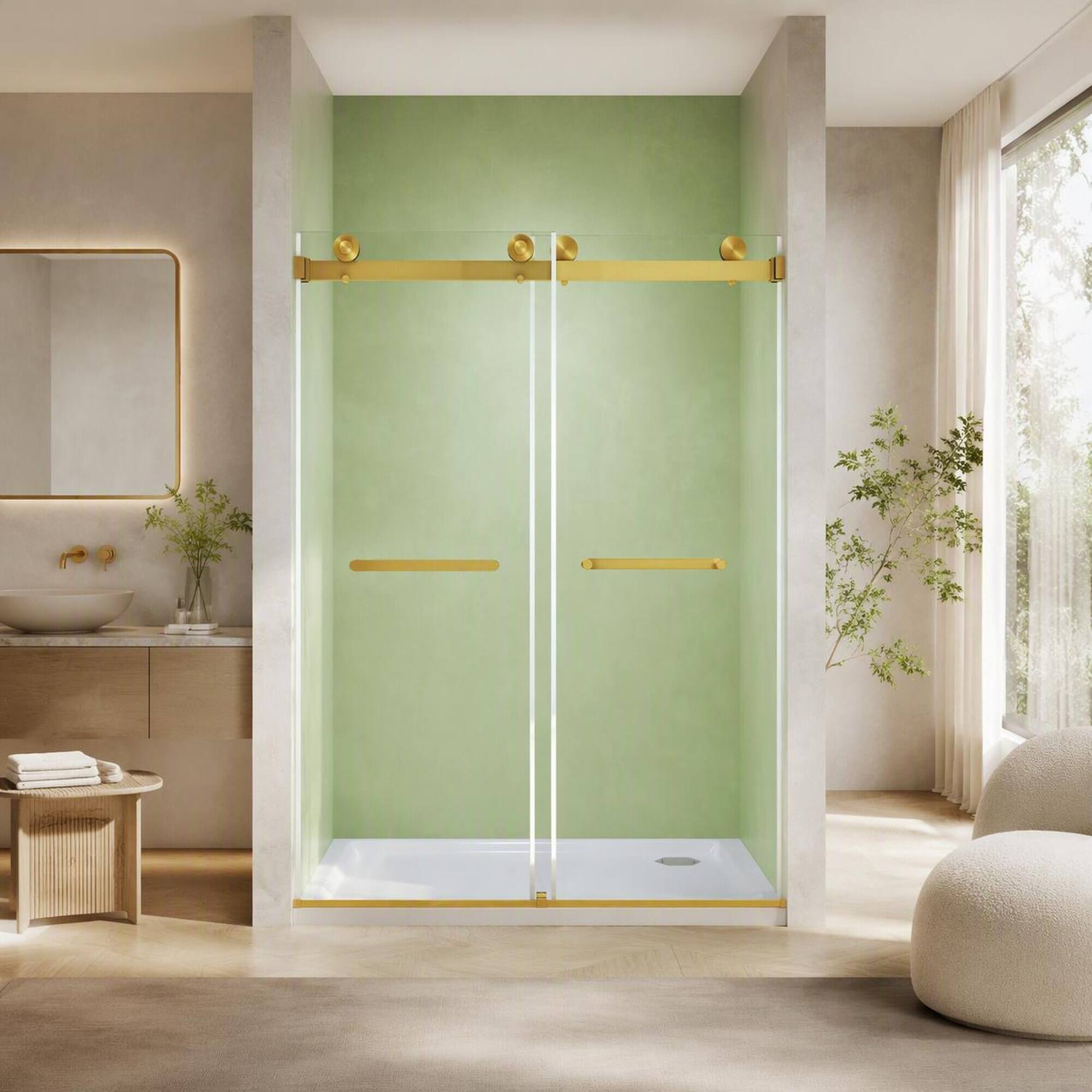 Front. RYHNUYNE - Frameless Double Sliding Shower Door 44-48" W X 74" H With 5/16" Tempered Glass, Brushed Gold Hardware - Brushed Gold.