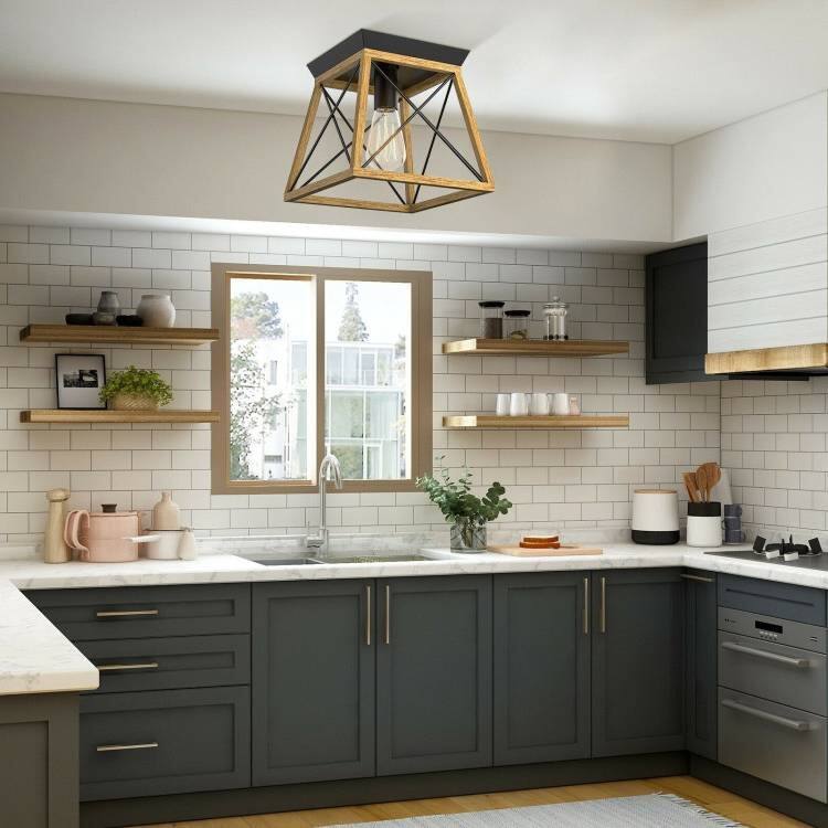 Left. Hivvago - Rustic Wood Metal Glass Ceiling Light uses Standard E26 size Bulb - Not Included - Rustic Brown, Black.