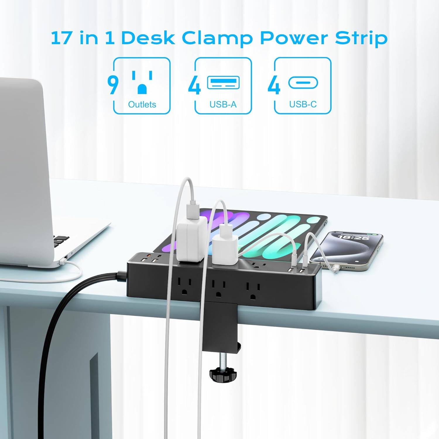 17 in 1 Desk Clamp Power Strip  
9 Outlets  
4 USB-A  
4 USB-C