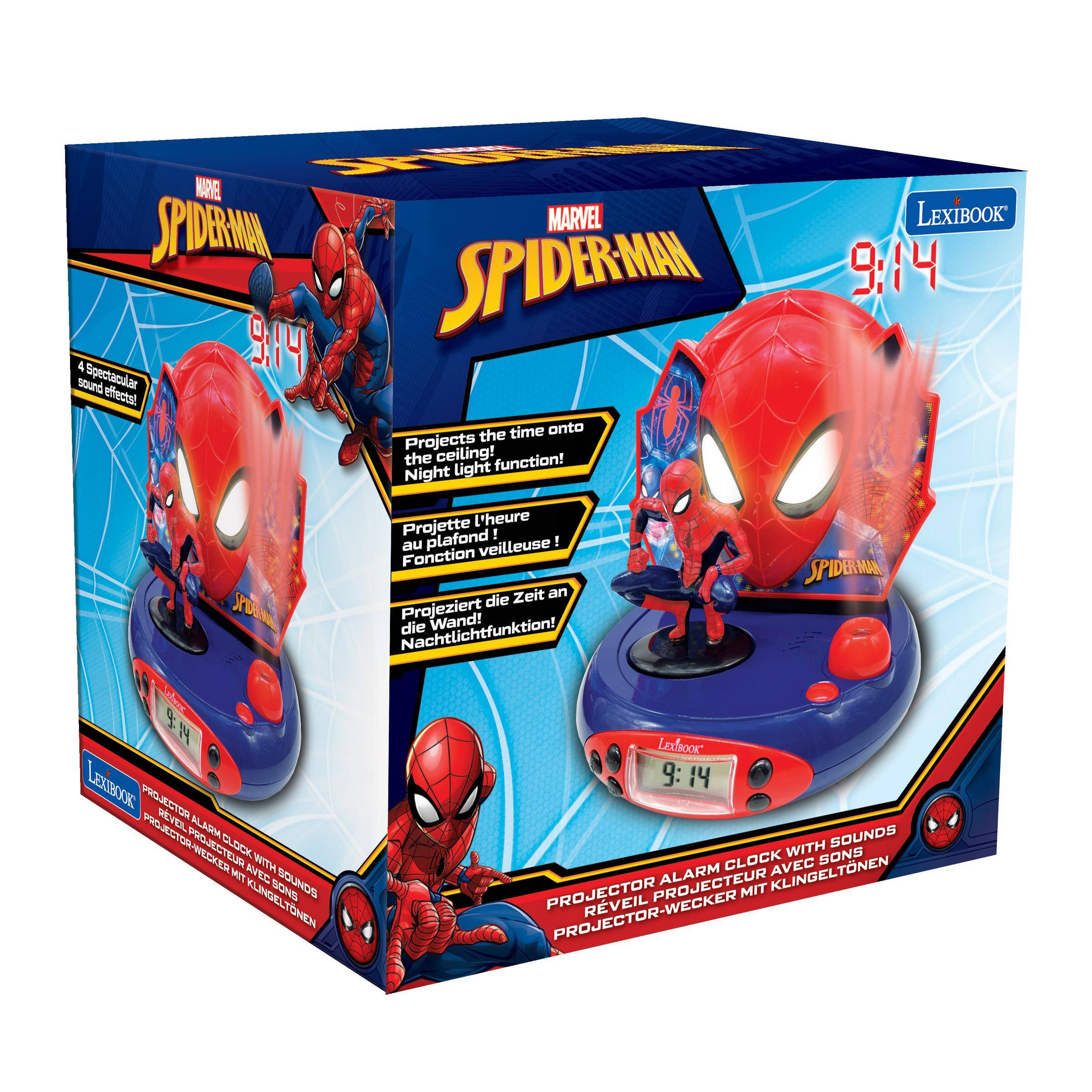 MARVEL SPIDER-MAN  
LEXIBOOK  
9:14  
PROJECTOR ALARM CLOCK WITH SOUNDS  
PROJETEUR ALARM CLOCK WITH SOUNDS  
PROJECTOR-WECKER MIT KLINGELTONEN  

4 Spectacular sound effects!  
4 effets sonores spectaculaires!  
4 effets sonores spectaculaires!  

Projects the time onto the ceiling! Night light function!  
Projette l'heure au plafond! veilleuse!  
Projektiert die Zeit an die Wand! Nachtlichtfunktion!