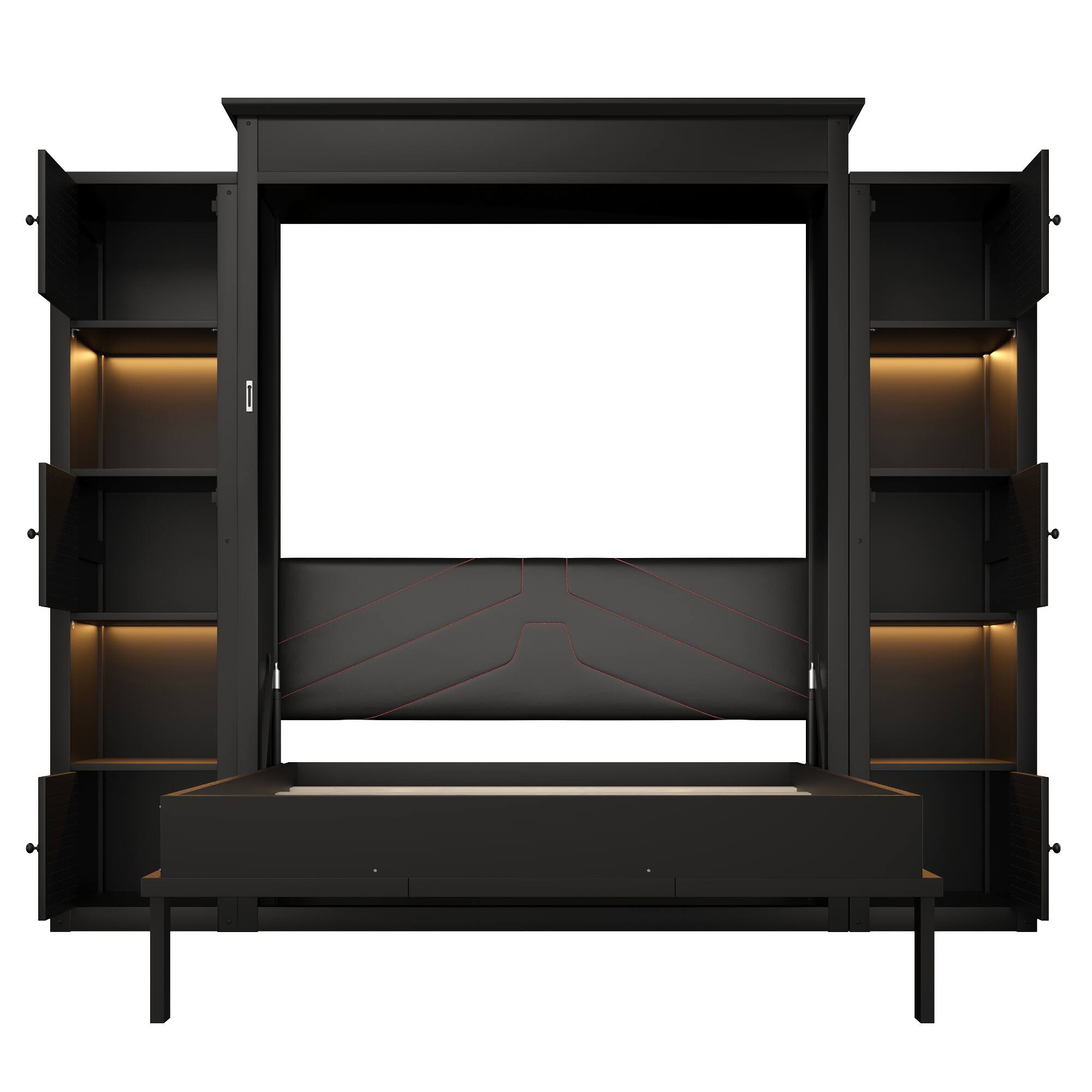Back. Whisen - Queen-Size Murphy Bed with LED Lights, Storage Shelves, Padded Headboard, Wall-Mounted Foldable Design - Black.
