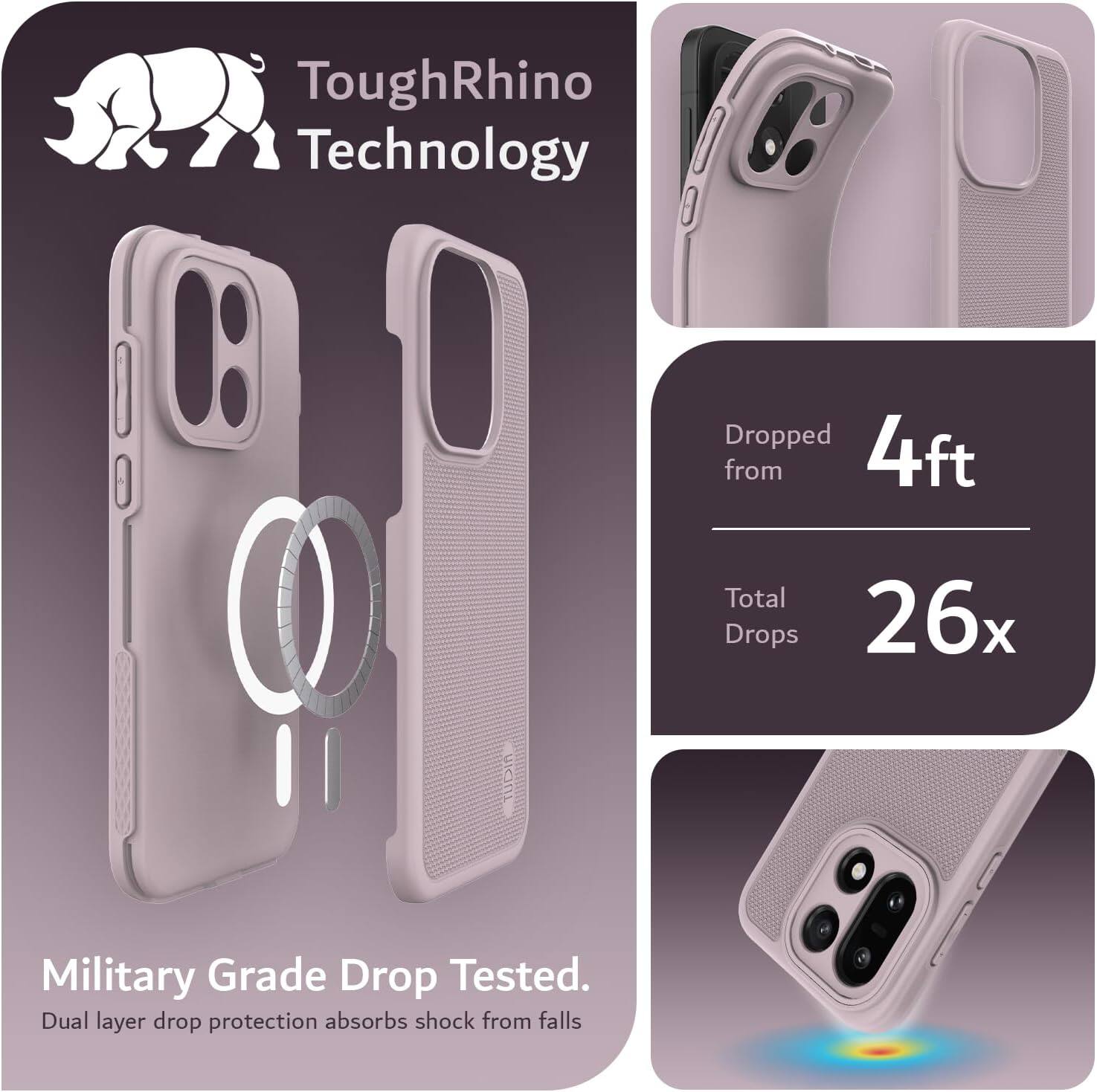 ToughRhino Technology

Dropped from 4ft  
Total Drops 26x

Military Grade Drop Tested.  
Dual layer drop protection absorbs shock from falls