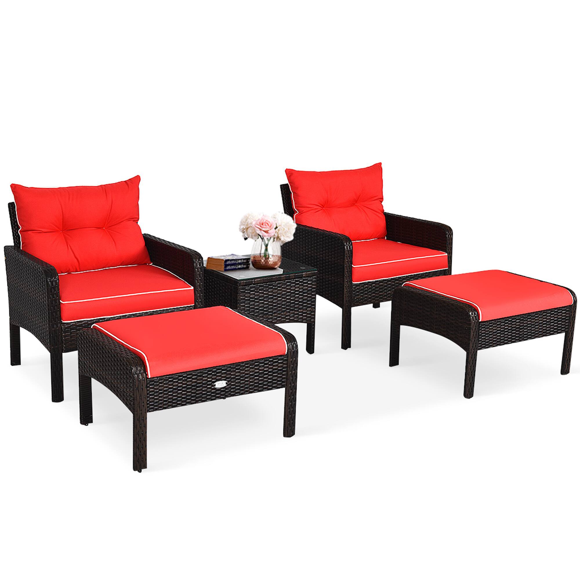 Alt View 1. Gymax - Gymax 5PCS Patio Set Sectional Rattan Wicker Furniture Set w/ Red Cushion - Red.