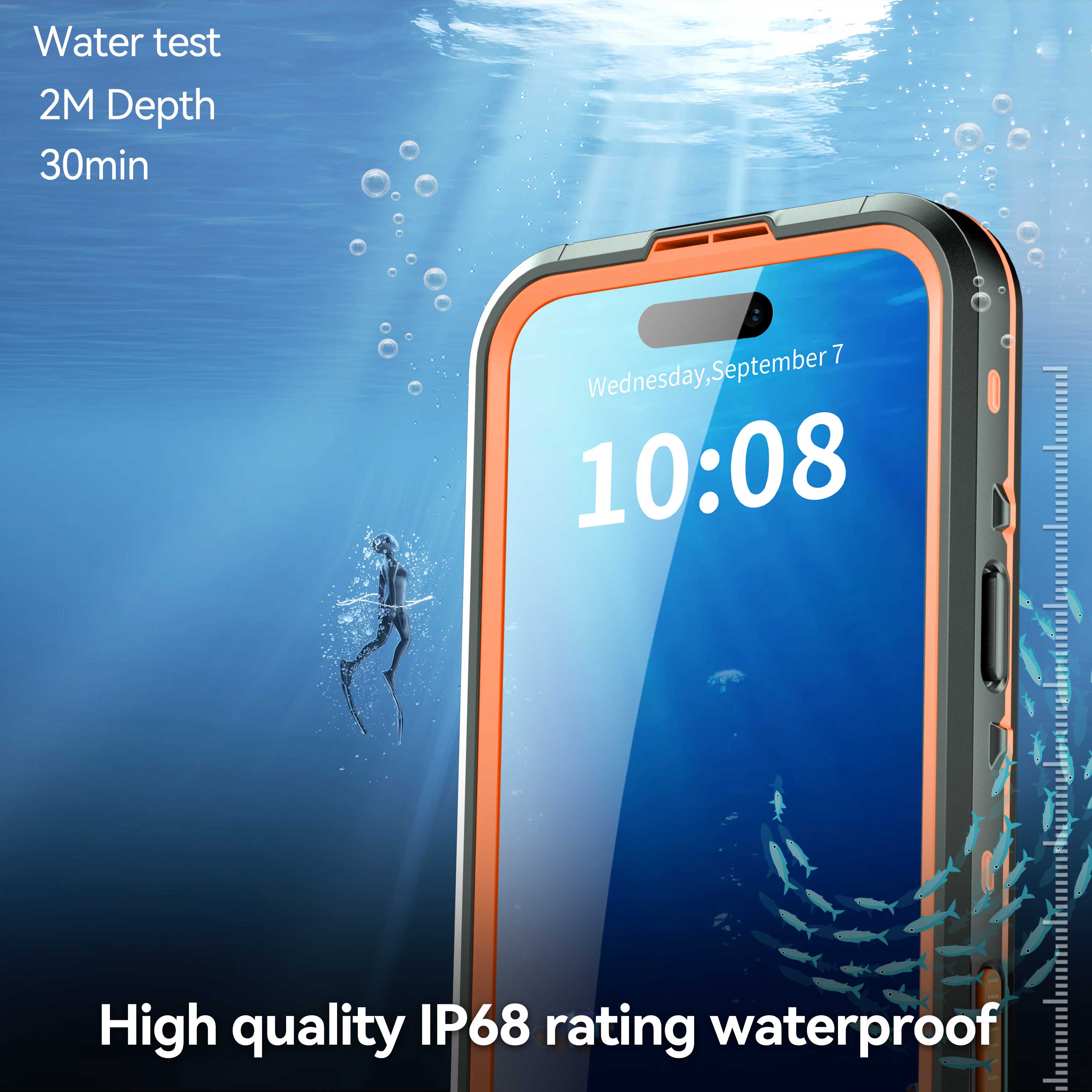 Water test  
2M Depth  
30min  

Wednesday, September 7  
10:08  

High quality IP68 rating waterproof